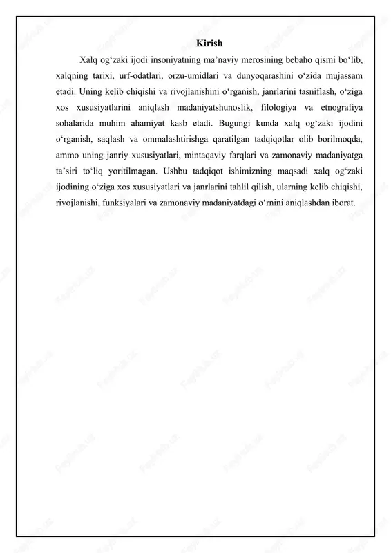 ning jasorati, vatanparvarligi haqida hikoya qiladi; sevgi-muhabbat lirikasi (qo'shiqlar, dostonlardan parchalar) esa sevgi tuyg'ularini ifodalaydi. tematik tasnif folklorning mazmuniy boyligini ochishga yordam beradi. shuningdek, poetik tamoyil ham mavjud bo'lib, unda janrlar poetik shakli, ifoda uslubiga ko'ra ajratiladi. har bir tamoyil folklorga o'z nuqtai nazaridan yondashib, uning turli qirralarini yoritadi. 📈 o'zbek folklor janrlarining nisbiy ulushi (misollar asosida) ushbu chartda asosiy o'zbek folklor janrlarining taxminiy tarqalishi ko'rsatilgan. har bir janrning ulushi umumiy folklor merosidagi taxminiy nisbatini aks ettiradi. epik folklor janrlarining xususiyatlari epik folklor janrlariga dostonlar, ertaklar, afsonalar, rivoyatlar kiradi. ularning asosiy xususiyati – hikoyaviy xarakterga ega ekanligidir. dostonlar qahramonlarning sarguzashtlari, janglari, muhabbati haqida hikoya qilib, o'zbek xalqining qahramonlik ruhini aks ettiradi. ertaklar esa ko'pincha fantastik elementlarga ega bo'lib, yaxshilikning yomonlik ustidan g'alabasini, odamiylik fazilatlarini targ'ib qiladi. afsona va rivoyatlar esa muayyan joylar, shaxslar, voqealar haqidagi og'zaki hikoyalar bo'lib, tarixiy voqealarni badiiy shaklda aks ettiradi. epik janrlarning yana bir xususiyati – …