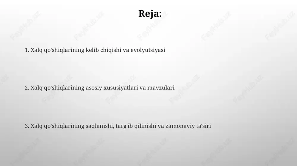 'llari va madaniy almashinuv orqali tarqalgan. radio va grammofon plastinkalari xx asrda xalq qo'shiqlarining keng tarqalishiga yordam berdi, bu esa 80% dan ortiq aholi uchun musiqaga kirish imkoniyatini oshirdi. xalq qo'shiqlarini ijro etish usullari xalq qoʻshiqlarini ijro etish usullari 1 yoki 2 kishi tomonidan yakka holda, guruh boʻlib xorda yoki ansamblda sozanda joʻrligida kuylanishi mumkin. koʻpgina xalq qoʻshiqlari ogʻizdan-ogʻizga oʻtib, cholgʻu asboblarining aniq notalari yoki qatʼiy tartiblari boʻlmagan holda, improvizatsiya bilan ijro etiladi. xalq qo'shiqlarining musiqiy tuzilishi ko'pgina xalq qo'shiqlari diatonik masshtablarga asoslangan bo'lib, ko'pincha 5 yoki 7 notali oddiy melodiyalardan foydalanadi, bu qo'shiqlarni o'rganishni osonlashtiradi. xalq qo'shiqlarida keng tarqalgan ritmik tuzilmalar 2/4, 3/4 va 4/4 kabi oddiy o'lchovlardan foydalanadi, bu raqsga tushish va qo'shiq aytish uchun barqaror asos yaratadi. xalq qo'shiqlarining matnlari xalq qo'shiqlarining matnlari ko'pincha og'zaki an'analar orqali avloddan-avlodga o'tib, she'riy va nasriy elementlarning aralashmasini namoyon etadi, bu esa ularning tilda o'zgarishlarga moslashuvchanligini ta'minlaydi. ular ko'pincha metafora, o'xshatish …