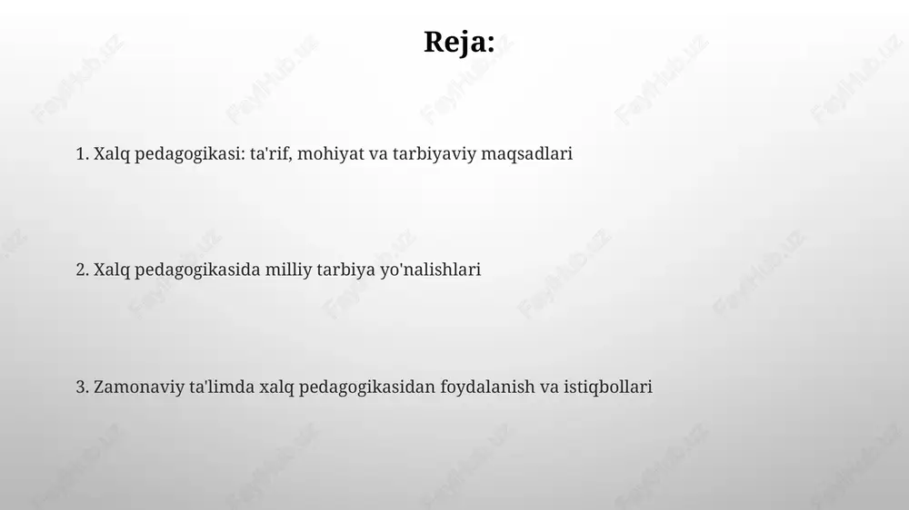 va maqollar orqali yosh avlodga ibratli hikoyalar va hayotiy saboqlar singdirilib, odob-axloq me'yorlari 10 dan ortiq qoida asosida tushuntiriladi. urf-odatlar va marosimlar, ayniqsa navro'z kabi bayramlarda, 20 dan ortiq milliy qadriyatlar namoyon bo'lib, oilaviy rishtalar mustahkamlanadi va hamjihatlik muhiti yaratiladi. milliy qadriyatlar va an'analarning tarbiyaviy ta'siri milliy qadriyatlar, masalan, hurmat-ehtirom va saxovat, bolalarga erta yoshdan o'rgatiladi. bu jarayon ularning jamiyatda o'z o'rnini topishiga erta yo'nalish beradi. ularning ijtimoiy moslashuvini kuchaytiradi. an'analar, xususan, navro'z bayrami kabi, birdamlikni mustahkamlaydi. ular yosh avlodga o'z madaniyatini hurmat qilishni o'rgatadi. navro'z 21-martda nishonlanadi. zamonaviy ta'limda xalq pedagogikasidan foydalanish: dolzarblik va istiqbollar zamonaviy ta'limda xalq pedagogikasining integratsiyasi o'quvchilarda milliy o'zlikni anglashni oshirib, 21-asr ko'nikmalarini shakllantirishga yordam beradi. xalq pedagogikasidan foydalanish o'qituvchilarga o'quv jarayonini mahalliy madaniyatga moslashtirish, darslarni qiziqarli qilish va o'quvchilarning motivatsiyasini oshirish imkonini beradi. e'tiboringiz uchun rahmat image4.png image3.png image5.jpg image6.jpg image7.jpg image8.jpg image9.jpg image10.jpg image11.jpg image1.png