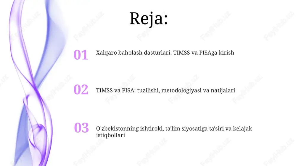 alarini o'z ichiga oladi, bu esa ta'lim tizimini keng qamrovli baholash imkonini beradi. timss va pisa namunaviy tanlashda stratifikatsiyalashgan ikki bosqichli klasterli tanlash metodidan foydalanadi, bu esa maktablar va o'quvchilarning vakillik namunalarini ta'minlaydi. natijalar talqini va ta'lim siyosatiga ta'siri timss va pisa natijalari o'quv dasturlari va o'qitish metodikasini takomillashtirish uchun muhim ma'lumot beradi, ayniqsa 4- va 8-sinflar bo'yicha 2003-yildan beri kuzatuvlar natijasida. pisa natijalari 15 yoshli o'quvchilarning matematik, o'qish va tabiiy fanlar bo'yicha kompetensiyalarini baholaydi, bu esa ta'lim siyosatida aniq yo'nalishlarni belgilashga yordam beradi. o'zbekistonning ishtiroki, tanqid va kelajak istiqbollari o'zbekiston timssda 2007-yilda qatnashgan va undan keyin 2019-yilda qayta qo'shilgan, pisaga esa 2018-yilda birinchi marta kirgan. bu mamlakat ta'lim tizimini baholash uchun muhim qadam bo'ldi. timss va pisaning tanqidlari o'zbekiston uchun ahamiyatli, chunki baholash natijalari o'quv dasturlari va o'qitish metodikalarini takomillashtirishga qaratilgan islohotlarni boshlash uchun turtki bo'ldi. e'tiboringiz uchun rahmat image4.jpg image5.jpg image6.jpg image7.jpg image8.jpg image9.jpg image10.jpg image1.jpeg image2.jpeg image3.jpeg