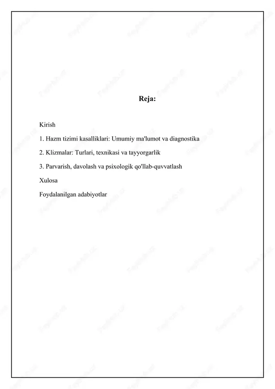 b aholining sezilarli qismiga ta'sir qiladi va hayot sifatini yomonlashtirishi mumkin. hazm tizimi kasalliklarini bir nechta mezonlarga ko'ra tasniflash mumkin. anatomik joylashuviga ko'ra, qizilo'ngach kasalliklari (masalan, ezofagit, barrett qizilo'ngachi), me'da kasalliklari (gastrit, oshqozon yarasi), ichak kasalliklari (kolit, crohn kasalligi), jigar kasalliklari (gepatit, sirroz) va me'da osti bezi kasalliklari (pankreatit) kabi turlarga ajratiladi. etiologiyasiga ko'ra, infektsion (bakterial, virusli), yallig'lanish (autoimmun, allergen), neoplastik (o'smalar) va metabolik kasalliklar farqlanadi. kasallikning kechishi bo'yicha esa o'tkir va surunkali shakllari mavjud. 📊 ovqat hazm qilish tizimi kasalliklari bo'lgan bemorlarga hamshiralik parvarishi: klizma ushbu statistika klizma qo'llanilishining chastotasi, muvaffaqiyat darajasi va ovqat hazm qilish kasalliklari bo'lgan bemorlarga ta'sirini ko'rsatadi. qabziyatni davolash uchun klizma qo'llanilishi 65% ovqat hazm qilish kasalliklari tufayli qabziyatni davolash uchun klizma qo'llaniladigan bemorlarning foizi. klizma muvaffaqiyat darajasi 78% klizma bilan davolashdan keyin ichak harakatining muvaffaqiyatli tiklanishi. ichakni tayyorlash uchun klizma qo'llanilishi 90% kolonoskopiya kabi diagnostika protseduralari oldidan ichakni tayyorlash uchun klizma qo'llaniladigan bemorlarning foizi. …