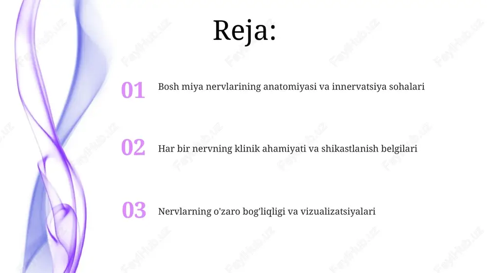 mkin. vii-viii nervlar: yuz va eshituv nervlari eshituv nervi (viii) ikkita tarmoqdan iborat: vestibulyar nerv, muvozanatni saqlash uchun mas'ul va koklear nerv, eshitish qobiliyatini ta'minlaydi, ikkalasi ham ichki quloqdan keladi. yuz nervi (vii) mimik mushaklarni, shu jumladan orbikularis okuli va og'iz atrofidagi mushaklarni innervatsiya qiladi, bu esa yuz ifodalari va ko'z qovoqlarini yopish uchun zarurdir. ix-x-xi nervlar: til-halqum, adashgan va qo'shimcha nervlar ix nerv, til-halqum nervi, ta'm bilishning orqa 1/3 qismini, halqum mushaklarini va quloq oldi bezini innervatsiya qiladi, sezgi, motor va parasimpatik tolalar orqali vazifalarni bajaradi. x nerv, adashgan nerv, parasimpatik nerv sistemasining asosiy nervi bo'lib, ko'krak va qorin bo'shlig'i organlarining ko'p qismini innervatsiya qilib, yurak urishi tezligini kamaytiradi. xii nerv: til osti nervi va klinik ahamiyati xii nerv til osti nervi bo'lib, asosan tilning barcha ichki va tashqi mushaklarini innervatsiya qiladi, faqat palatoglossus mushakidan tashqari. bu til harakatini nazorat qilishda muhim rol o'ynaydi. til osti nervi shikastlanishi tilda …