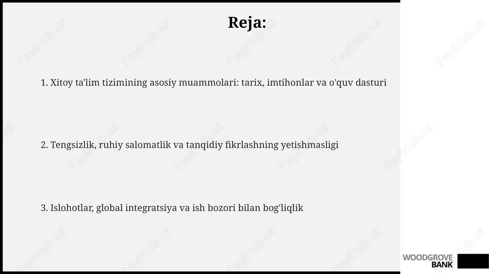 ga asoslangan bo'lib, o'qituvchi asosiy ma'lumot manbai sifatida harakat qiladi, interaktiv darslar va guruhli loyihalar deyarli yo'q. woodgrove bank ta'limdagi tengsizlik va uning oqibatlari qishloq va shahar maktablari o'rtasidagi resurslar taqsimotidagi farq ta'lim sifatida sezilarli tafovutlarni keltirib chiqaradi, bu esa qishloq o'quvchilarining imkoniyatlarini cheklaydi. gaokao natijalari boy oilalarga mansub o'quvchilar uchun yaxshiroq tayyorgarlik va qo'shimcha darslarga kirish imkonini beradi, bu esa adolatli ta'limga to'siq bo'ladi. ta'limdagi tengsizlik, ayniqsa, migrant ishchilarning farzandlari uchun, ular ko'pincha yaxshiroq maktablarga kirish imkoniyatiga ega emaslar va bu ularning kelajakdagi istiqbollariga ta'sir qiladi. woodgrove bank ruhiy salomatlik va ta'lim bosimi muammosi gaokao imtihonlariga tayyorgarlik ko'rish davrida talabalarning 65% dan ortig'i jiddiy stress va uyqusizlikdan aziyat chekishadi, bu ularning kognitiv funktsiyalariga salbiy ta'sir ko'rsatadi. xitoy ta'lim tizimidagi yuqori bosim o'smirlar orasida depressiya ko'rsatkichini 30% ga oshirishi aniqlangan, bu esa o'z joniga qasd qilish holatlarining ko'payishiga sabab bo'lmoqda. o'quvchilarga haddan tashqari yuklama berilishi natijasida, ularning 40% gacha ruhiy …