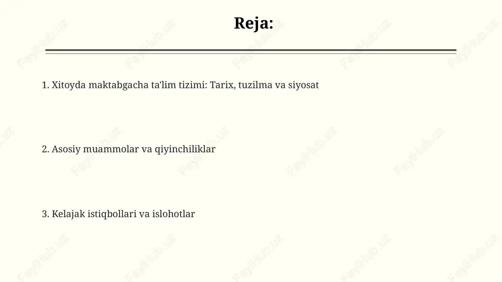 mrov darajasi va tenglik maktabgacha taʼlimga qamrov darajasi sezilarli darajada oshgan boʻlsada, 2020-yilda atigi 85% ni tashkil etdi, ayniqsa, qishloq joylarda va migrant ishchilarning bolalari orasida tengsizliklar saqlanib qolmoqda. sharqiy qirgʻoq provinsiyalari bilan solishtirganda, gʻarbiy va markaziy hududlarda maktabgacha taʼlim resurslari va infratuzilmasi qoloqligi tufayli qamrov darajasi sezilarli darajada past - 60% atrofida. davlat maktabgacha taʼlim muassasalarining mavjudligi va ularga kirish imkoniyati yuqori boʻlsa-da, xususiy muassasalar sonining ortishi iqtisodiy imkoniyatlari cheklangan oilalar uchun tenglik muammosini keltirib chiqarmoqda. sifat nazorati va baholash bolalarning rivojlanishini kuzatish uchun pedagoglar muntazam ravishda kuzatuvlar, portfolio va diagnostika testlaridan foydalanadilar, lekin ularning validligi va ishonchliligi doimo bahsga sabab bo'ladi. xitoyda sifat nazorati va baholash tizimi, 3-6 yoshli bolalar uchun mo'ljallangan davlat tomonidan belgilangan ko'rsatkichlarga asoslangan standartlashtirilgan baholash vositalarini o'z ichiga oladi. maktabgacha ta'lim muassasalarini baholash mahalliy ta'lim idoralari tomonidan amalga oshiriladi. ular o'qitish sifati, xavfsizlik protokollari va resurslarning mavjudligini tekshiradilar, lekin chuqur emas. qishloq va shahar …