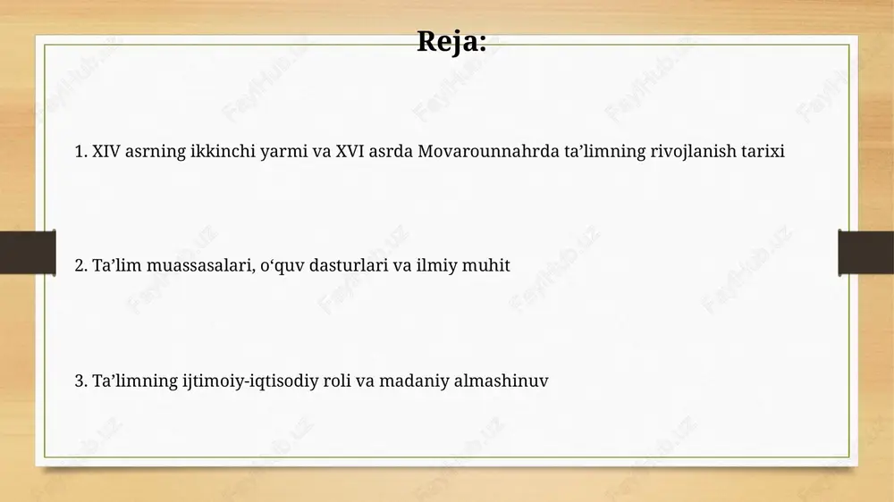 ilishga yo‘l ochib, kambag‘al oilalardan chiqqan talabalarga davlat lavozimlarida ishlash imkonini berdi, bu esa jamiyatda 14 va 16-asrlarda mobillikni oshirdi. madrasalarda diniy ta’lim qur’on, hadis va fiqhga asoslangan bo‘lsa-da, matematika, astronomiya va tibbiyot kabi dunyoviy fanlar ham o‘qitilib, 14-16-asrlarda fanlar uyg‘unligini ta’minladi. homiylar va samarqandning ta’lim markazi sifatidagi roli amir temur va ulug‘bek kabi hukmdorlar samarqandda ulkan madrasalar qurdilar, ularga katta mablag‘ ajratib, olimlar va talabalarni qo‘llab-quvvatladilar, bu esa shaharning ilmiy markaz sifatidagi nufuzini oshirdi. samarqand 14-16-asrlarda ilm-fan homiylarining e’tiborini tortgan asosiy markaz bo‘lib, ko‘plab olimlar va talabalarni o‘ziga jalb qildi, shu orqali mintaqaning ta’lim taraqqiyotiga hissa qo‘shdi. ta’limda davrlar uzviyligi, o‘zgarishlar va o‘ziga xoslik xiv asrning ikkinchi yarmi va xvi asrda ta’limda uzviylik namoyon bo‘ladi, masalan, qur’on va hadislar o‘qitilishi davom etgan, lekin matematika, astronomiya kabi aniq fanlar ahamiyati ortgan. maktab va madrasalarda ta’lim tizimi saqlanib qolgan bo‘lsa-da, xvi asrda usmonli imperiyasining ta’siri bilan islom huquqi (fiqh) va tilshunoslikka …