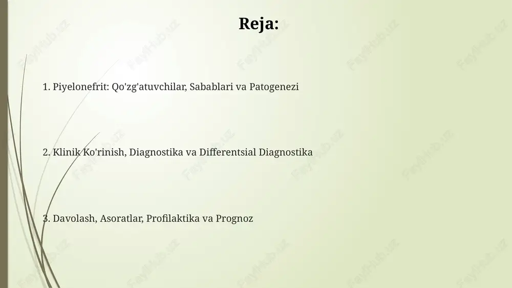 n ortiq mikroorganizm/ml) aniqlanadi. differentsial diagnostika o'tkir piyelonefritni sistitdan ajratish muhim, chunki sistitda isitma odatda yo'q, bel og'rig'i esa kam uchraydi, siydik tahlilida 10 dan kam leykotsit bo'ladi. tosh kasalligida qorin og'rig'i to'lqinsimon xarakterga ega bo'ladi, gematuriya ko'p uchraydi, siydikda esa kristallarni topish mumkin. kt yoki uzi tekshiruvi toshni aniqlashga yordam beradi. o'tkir appenditsitda og'riq odatda qorinning o'ng pastki qismida joylashadi, piyelonefritda esa bel sohasida bo'ladi. laboratoriya tekshiruvida leykotsitoz darajasi farq qilishi mumkin. davolash usullari og'ir piyelonefrit holatlarida, ayniqsa, sepsis yoki obstruksiya mavjud bo'lsa, tomir ichiga antibiotiklar bilan davolash zarur. seftriakson va piperatsillin-tazobaktam kabi dori vositalari 10-14 kun davomida qo'llanilishi mumkin. piyelonefritni davolashda antibiotiklar muhim rol o'ynaydi, odatda 7-14 kun davomida qo'llaniladi. siprofloksatsin va levofloksatsin kabi ftorxinolonlar keng qo'llaniladi, lekin ularning xavfsizligi muhimdir. og'riqni yo'qotish uchun og'riq qoldiruvchi vositalar, masalan, ibuprofen yoki paratsetamol, buyuriladi. ko'p suyuqlik ichish va dam olish ham tiklanishga yordam beradi. jiddiy holatlarda jarrohlik aralashuv talab etilishi …