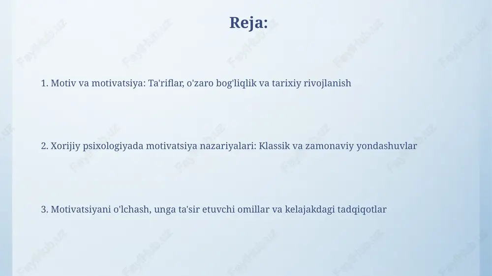 mil orqali qiyinchiliklarni yengishga yordam beradi. ichki va tashqi motivatsiya: ta'rif va ta'sirlar ichki motivatsiya - bu shaxsning o'z manfaatlaridan kelib chiqib, biror faoliyatdan zavq olishi bilan bog'liq; masalan, kitob o'qishdan 95% zavqlanish. tashqi motivatsiya tashqi mukofotlar bilan belgilanadi: pul, baho yoki maqtov; 70% ishchilar oylik olish uchun mehnat qiladi. motivatsiyani o'lchash va oshirish usullari motivatsiyani o'lchash uchun likert shkalasi kabi so'rovnomalar ishlatiladi, unda respondentlar 1 dan 7 gacha bo'lgan oraliqda fikr bildirishadi. bu natijalar tahlil qilib, motivatsiya darajasini aniqlashga yordam beradi. o'z-o'zini baholash so'rovnomalari orqali shaxslar o'z motivatsiyasini baholaydilar, bu esa 0 dan 100 gacha bo'lgan shkala bo'yicha sub'ektiv hisobot berishni o'z ichiga olishi mumkin. motivatsiya tadqiqotlarining tanqidi va kelajak yo'nalishlari motivatsiya tadqiqotlari ko'pincha madaniy kontekstni hisobga olmaydi, natijada 70% tadqiqotlar g'arbda o'tkaziladi, bu esa natijalarning universal qo'llanilishini cheklaydi. kelajakdagi tadqiqotlar neyropsixologik usullarni integratsiyalash orqali motivatsiyaning miya mexanizmlarini aniqlashga qaratilishi kerak, bu esa aniqlikni 85% ga oshiradi. e'tiboringiz uchun …
