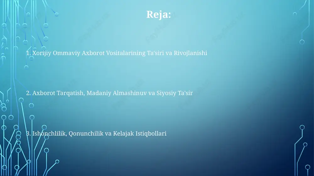 rkinlik: qonunchilik va tartibga solish senzura qonunlari ko'pincha milliy xavfsizlikni himoya qilish bahonasi bilan joriy etiladi, lekin 1948-yildagi inson huquqlari umumjahon deklaratsiyasining 19-moddasi fikr erkinligini himoya qiladi. tartibga solish organlari, masalan, oav nazorati bo'yicha 5 nafar a'zodan iborat komissiyalar, oavning xolisligi va adolatli xabardorligini ta'minlash uchun litsenziyalash va faoliyatni to'xtatib turish huquqiga ega. erkinlik qonunlari oavga faktlarni tekshirish va jamoatchilik fikrini shakllantirishda muhim rol o'ynash imkonini beradi, ammo tuhmat va yolg'on ma'lumot tarqatganlik uchun javobgarlikni ham yuklaydi, 20 dan ortiq holatda sudga murojaat qilish mumkin. texnologik o'zgarishlar va auditoriya qabul qilishi ijtimoiy media platformalarining rivojlanishi xorijiy oavga bevosita auditoriya bilan aloqa qilish, fikr-mulohazalarni olish va auditoriya qabul qilishini faol ravishda shakllantirish imkonini beradi. raqamli texnologiyalar, jumladan, 5g va yuqori tezlikdagi internet xorijiy oavning ko'p platformalarda auditoriyaga yetib borishini tezlashtiradi, iste'mol usullarini o'zgartiradi. sun'iy intellekt (si) algoritmlari xorijiy oavga kontentni auditoriyaning afzalliklariga moslashtirish, shaxsiy yangiliklar oqimlarini yaratish va 7/24 ishlash imkoniyatini …
