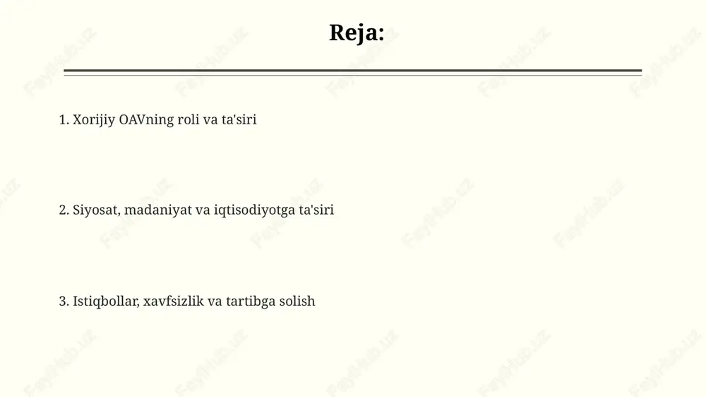 iy oavlar orqali madaniy almashinuv global miqyosda iste'mol tovarlari va xizmatlarining 30% ga oshishiga olib keldi, bu esa mahalliy brendlarga ta'sir ko'rsatadi. globallashuv jarayonida xorijiy oavlar 60% dan ortiq axborot oqimini ta'minlaydi, bu esa mahalliy madaniy qadriyatlarning integratsiyasi va o'zgarishiga olib keladi. xorijiy oavning iqtisodiy ta'siri 45% gacha reklama daromadlarini oshiradi, ammo mahalliy oavlar uchun raqobatni kuchaytiradi va investitsiya zaruratini oshiradi. qonunchilik, tartibga solish va jurnalistik etika jurnalistik etika kodekslari, masalan, 10 ta asosiy prinsipni o’z ichiga oladi; ular xolislik, aniqlik va manbalarga hurmat bilan yondashishni targ’ib qiladi. qonunchilikda oav faoliyati 5-modda bilan tartibga solinadi; bu modda erkinlikni kafolatlaydi, lekin 1992-yilgi “davlat sirlari to’g’risida”gi qonun ayrim cheklovlar qo’yadi. tartibga solish organlari, jumladan, 3 ta asosiy vazifani amalga oshiruvchi aloqa va axborotlashtirish agentligi, oav litsenziyalash va nazoratni amalga oshiradi. auditoriya qamrovi, qabul qilish va tanqidiy baholash tanqidiy baholash ko'nikmalarini rivojlantirish muhim; 25 yoshgacha bo'lgan auditoriya guruhlari uchun maxsus media savodxonligi dasturlari …