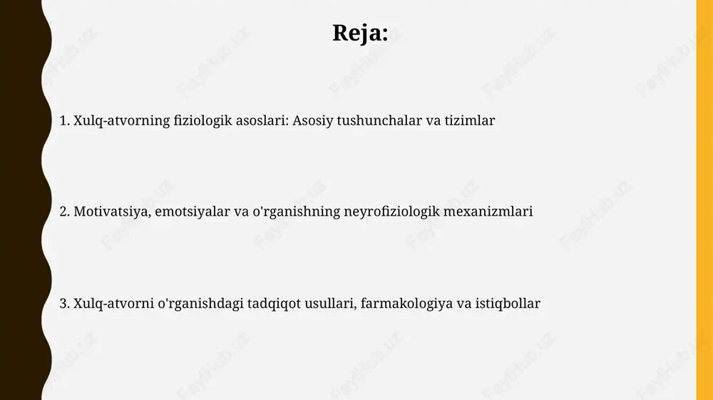 bilan bog'langan. bu genning variantlari turli xil xulq-atvorni keltirib chiqarishi mumkin. sensor tizimlar va idrok sensor tizimlari transduserlar kabi ishlaydi, tashqi energiyani (masalan, yorug'lik yoki tovush) nerv impulslariga aylantirib, miyaga signal uzatadi. masalan, ko'zda rod va konus hujayralari 400-700 nm to'lqin uzunligidagi yorug'likni sezadi. perseptual adaptatsiya sharoit o'zgarishiga javoban vaqt o'tishi bilan sezgirlikning pasayishini anglatadi; masalan, 60 desibel doimiy shovqinning dastlabki shovqini vaqt o'tishi bilan sezilarli darajada kamayadi. motivatsiya va mukofotlash tizimlari mukofotlash tizimlari dopaminergik yo'llarni, xususan, mezolimbik yo'lni o'z ichiga oladi, bu esa mukofot olganda dopaminning 50-100% gacha ko'payishiga olib keladi va xatti-harakatni kuchaytiradi. motivatsiya darajasiga gormonlar ta'sir qiladi, masalan, grelin ochlikni oshiradi (10-20%), leptin esa to'qlikni ta'minlaydi va tana og'irligini nazorat qilishda muhim rol o'ynaydi. emotsiyalar va ularning neyrofiziologiyasi amigdala qo'rquvni qayta ishlashda muhim rol o'ynaydi; uning faollashuvi fiziologik reaktsiyalarni, masalan, yurak urish tezligini oshiradi, xavfli vaziyatlarda tana ehtiyot choralarini ko'rishga tayyorlaydi. prefrontal korteks emotsional reaktsiyalarni tartibga soladi; …