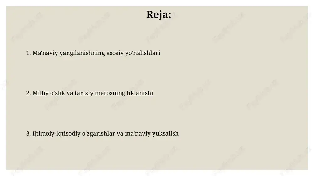 rot vositalari yangi o'zbekistonda o'zbek tilidagi kontentni 70% ga oshirish orqali milliy o'zlikni targ'ib qilishda muhim rol o'ynaydi va tanqidiy tahlilni rag'batlantiradi. fuqarolik jamiyati institutlari 2023-yilda 1500 dan ortiq loyihalarni amalga oshirib, jamiyatning ijtimoiy-iqtisodiy muammolarini hal qilishga bevosita jalb qilinmoqda va qonunchilikni takomillashtirishda ishtirok etmoqda. ijtimoiy-iqtisodiy o'zgarishlar va xalqaro hamkorlik o'zbekistonda 2017-yildan beri ijtimoiy-iqtisodiy islohotlar xalqaro investitsiyalarni 3 barobar oshirdi, bu esa ma'naviy yangilanish jarayonlariga resurslar ta'minotini yaxshiladi. xalqaro hamkorlik doirasida 100 dan ortiq qo'shma loyihalar amalga oshirilmoqda, jumladan, unesco bilan tarixiy merosni tiklash dasturlari ma'naviyatni saqlashga qaratilgan. e'tiboringiz uchun rahmat image3.jpg image4.jpg image5.jpg image6.jpg image7.jpg image8.jpg
