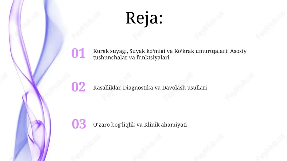 ichiga oladi, bu esa singanlar, o'smalar yoki degenerativ o'zgarishlar kabi anormalliklarni aniqlashga yordam beradi. davolash konservativ usullardan (masalan, fizioterapiya, og'riq qoldiruvchi vositalar) dan jiddiy holatlar uchun jarrohlik aralashuvlargacha o'zgarishi mumkin, masalan, qayta tiklash yoki singanlarni tuzatish kabi. suyak koʻmigi kasalliklari: diagnostika va davolash suyak koʻmigi kasalliklarini tashxislashda qon tekshiruvlari, masalan, toʻliq qon hisobi (tqh) va differentsial hisob muhim ahamiyatga ega boʻlib, anormalliklarni aniqlashga yordam beradi. suyak koʻmigi biopsiyasi diagnostika uchun hal qiluvchi ahamiyatga ega; unda 11-ga deyarli yaqin igna yordamida koʻmik namunalari olinadi va mikroskop orqali tekshiriladi. suyak koʻmigi kasalliklarini davolashda kemoterapiya asosiy usul hisoblanadi, bunda saraton hujayralarini yoʻq qilish uchun dori-darmonlardan foydalaniladi, dozalash 14-21 kunlik sikllarda individual tarzda belgilanadi. koʻkrak umurtqalari (thoracic vertebra) kasalliklari: diagnostika va davolash ko'krak umurtqalarining churralari uchun davolash usullari orasida fizik terapiya, og'riqni kamaytirish uchun dori-darmonlar (nsaidlar) va og'ir holatlarda jarrohlik aralashuvlar mavjud. ko'krak umurtqalarining osteoporozini tashxislash uchun dxa skanerlash (dual-energy x-ray absorptiometry) keng qo'llaniladi, …