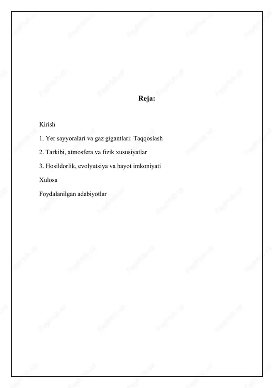 riga ega. silikat minerallari, masalan, olivin va piroksen, sayyoralar mantiyasining asosiy qismini tashkil qiladi. qobiqlar ko'pincha kremniy oksidi (sio₂) va alyuminiy oksidi (al₂o₃) kabi yengil elementlardan tashkil topgan. sayyoralar atmosferasi juda xilma-xil bo'lishi mumkin: yerda asosan azot va kislorod, venerada esa asosan karbonat angidrid mavjud. biroq, yer sayyoralarining atmosfera massasi gaz gigantlariga nisbatan ancha kichikdir. 📊 yer sayyoralari va gaz gigantlari: asosiy ma'lumotlar yer sayyoralari va gaz gigantlarining asosiy xususiyatlari va farqlarini ko'rsatuvchi statistik ma'lumotlar. o'rtacha zichlik (yer sayyoralari) 5.51 g/cm³ yer sayyoralarining o'rtacha zichligi yuqori bo'lib, asosan tosh va metalllardan tashkil topgan. o'rtacha zichlik (gaz gigantlari) 0.7-1.7 g/cm³ gaz gigantlarining o'rtacha zichligi past, asosan vodorod va geliy kabi gazlardan tashkil topgan. tosh va metall tarkibi (yer sayyoralari) 95% yer sayyoralari massasining 95% dan ortig'i tosh va metallardan iborat. vodorod va geliy tarkibi (gaz gigantlari) 90% dan yuqori gaz gigantlari massasining 90% dan ortig'i vodorod va geliy kabi gazlardan iborat. …