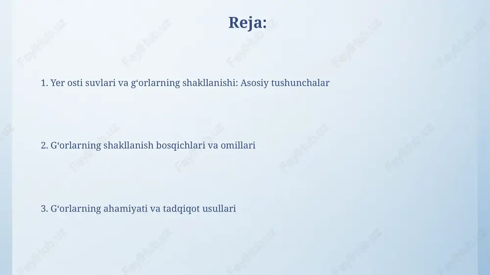 lar hosil qilib, yer osti suvlarining yoʻlini ochadi, bu esa 1000 yildan ortiq vaqt davomida gʻorlarning tezroq shakllanishiga olib keladi. iqlim oʻzgarishlari yogʻingarchilik miqdorini oʻzgartirib, yer osti suvlarining darajasiga taʼsir qiladi, bu esa gʻorlarning erish tezligiga 5-10% oʻzgarish olib kelishi mumkin. gʻor ekosistemalari va geologik ahamiyati gʻor ekosistemalari noyob tur tarkibiga ega boʻlib, ularning 90% dan ortigʻi endemik turlardir, bu ularning oʻziga xos muhitga moslashuvining geologik ahamiyatini koʻrsatadi. gʻorlar geologik vaqt shkalasida paleoklimat maʼlumotlarini saqlaydi, masalan, 10000 yildan ortiq boʻlgan stalaktit va stalagmitlar orqali iqlim oʻzgarishlarini rekonstruksiya qilish imkonini beradi. tadqiqot usullari va xulosa tadqiqot usullari gʻorlarda suv oqimini kuzatish uchun izotop trasserlaridan foydalanishni oʻz ichiga oladi. masalan, tritiy (3h) suv harakatini oʻrganishda 5-10 yilgacha izlanadi. gʻor hosil boʻlishi ph darajasi 6,5 dan past boʻlgan kislotali eritmalar taʼsirida togʻ jinslarining erishi natijasida yuzaga keladi. bu jarayon millionlab yillar davom etadi. e'tiboringiz uchun rahmat image4.png image5.png image6.jpg image7.jpg image8.jpg image9.jpg image10.jpg …