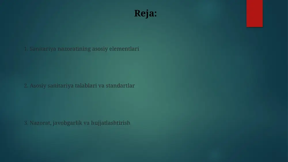 kerak, chiqindi suvlar tarkibi esa 4630-88-sonli sanpin talablariga mos bo'lishi lozim. ventilyatsiya, yoritish va zararkunandalarga qarshi kurash ventilyatsiya tizimlari chang va gaz konsentratsiyasini belgilangan gigiena me'yorlaridan pastroq ushlab turishi kerak, minimal havo almashinuvi koeffitsienti soatiga 3-5 martani tashkil qiladi. yoritish loyihalari yorug'lik darajasini ish joylarida kamida 300 lyuksni ta'minlashi, rang berish indeksi (ra) 80 dan yuqori bo'lgan yorug'lik manbalaridan foydalanishi lozim. laboratoriya nazorati va xodimlar salomatligini nazorat qilish laboratoriya nazorati xom ashyoning har bir partiyasida ifloslantiruvchi moddalar miqdorini aniqlash uchun mikrobiologik tekshiruvlarni o'tkazadi va gost standartlariga muvofiqligini ta'minlaydi. xodimlarning salomatligini nazorat qilish yiliga kamida bir marta majburiy tibbiy ko'rikdan o'tkazishni o'z ichiga oladi, bunda kasbiy kasalliklar va terining holati tekshiriladi. nazorat, tekshiruvlar, javobgarlik va favqulodda vaziyatlar nazorat davriyligi qat'iy jadval asosida, kamida har 6 oyda bir marta o'tkaziladi, bunda sanitariya me'yorlariga rioya etilishi tekshiriladi va kamchiliklar aniqlansa, jarimalar qo'llanilishi mumkin. korxonada favqulodda vaziyatlar rejasida xodimlarni evakuatsiya qilish yo'llari, yig'ilish joylari …