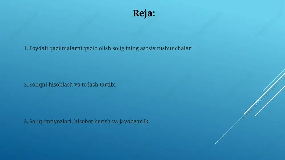 dan so'ng 25-sanadan kechiktirmay, soliq organlariga elektron shaklda taqdim etilishi shart. soliq hisobotida, qazib olingan mineral resurslarning hajmi, soliq bazasi, qo'llanilgan soliq stavkalari va hisoblangan soliq summasi kabi asosiy ko'rsatkichlar aniq ko'rsatilishi kerak. javobgarlik mineral resurslardan foydalanish solig'ini to'lashdan bo'yin tovlash uchun o'zbekiston respublikasining soliq kodeksining 221-moddasiga binoan jarima sanksiyalari qo'llanilishi mumkin, miqdori soliq summasining 20 foizidan 40 foizigacha. soliq to'lovchilar hisobotlarni o'z vaqtida taqdim etmaslik holatlarida ma'muriy javobgarlik to'g'risidagi kodeksning 175-moddasiga muvofiq, 1 bhm dan 3 bhm gacha jarima to'lashlari mumkin. soliq monitoringi soliq monitoringi soliq to'lovchining faoliyati, mol-mulki va daromadlari to'g'risidagi ma'lumotlarni muntazam ravishda tahlil qilishni o'z ichiga oladi, bu soliq bazasini aniqlashtirishga yordam beradi. soliq monitoringi doirasida soliq organlari soliq to'lovchilardan qo'shimcha ma'lumotlar so'rashlari, shuningdek, joylarda qo'shimcha tekshiruvlar o'tkazishlari mumkin, bu soliq majburiyatlarini aniqlashga yordam beradi. e'tiboringiz uchun rahmat image1.jpg image2.jpg image3.jpg image4.jpg image5.jpg image6.jpg image7.jpg