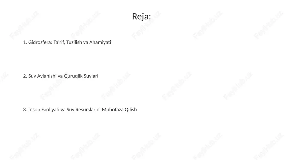 2% ni tashkil etadi va erozion jarayonlar, cho'kindilarni tashish va landshaftlarni shakllantirishda hal qiluvchi rol o'ynaydi. yer osti suvlari yerning quruqlik hududlarida eng katta chuchuk suv ombori hisoblanadi, umumiy zaxiralari 30,1% ni tashkil etadi va ichimlik suvi, qishloq xo'jaligi va sanoat uchun muhim manba hisoblanadi. muzliklar, asosan, antarktida va grenlandiyada joylashgan bo'lib, chuchuk suvning 68,7% ni tashkil etadi. global iqlim o'zgarishi tufayli ularning erishi dengiz sathining ko'tarilishiga olib kelishi mumkin. gidrosferaning ahamiyati gidrosfera yer yuzasining 71 foizini qoplaydi va global iqlimni tartibga solishda muhim rol o'ynaydi, issiqlikni saqlaydi va tarqatadi, haroratning keskin o'zgarishini yumshatadi. suv barcha maishiy, qishloq xo'jaligi va sanoat ehtiyojlari uchun asosiy resursdir. taxminan 783 million kishi toza ichimlik suvidan foydalanish imkoniyatiga ega emas. gidrosfera biologik xilma-xillik uchun muhim makondir. dunyo bo'ylab 230 mingdan ortiq dengiz turlari mavjud bo'lib, bu ekotizimni bevosita qo'llab-quvvatlaydi. inson faoliyatining gidrosferaga ta'siri sanoat chiqindilari va qishloq xo'jaligi oqovalari suv havzalarini ifloslantirib, suv ekotizimlariga …