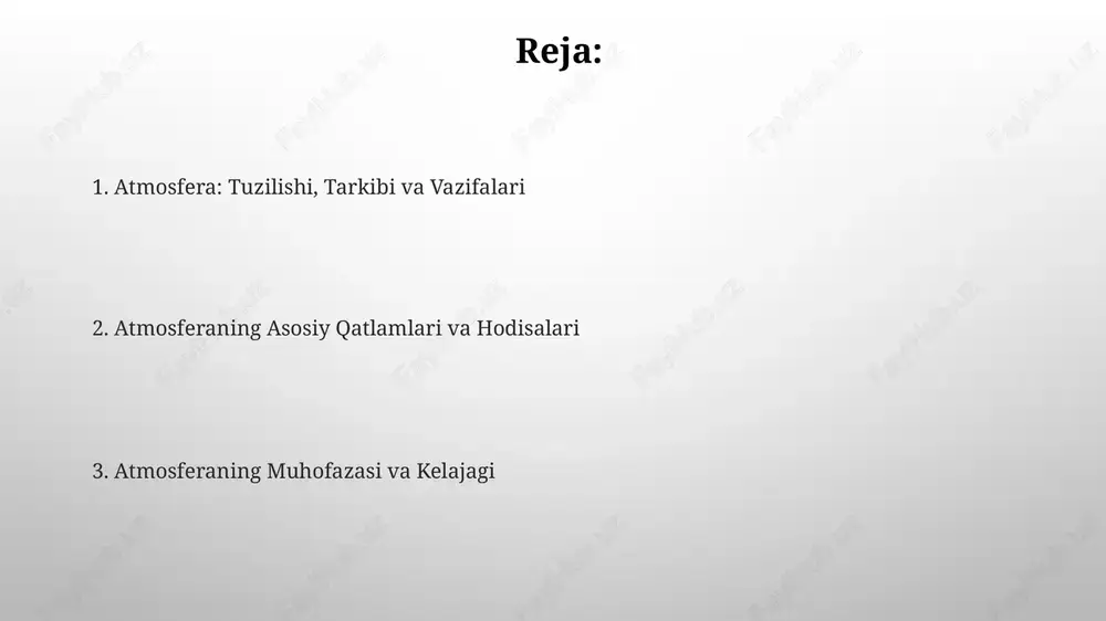 garishi atmosfera ifloslanishi nafaqat inson salomatligiga zarar yetkazadi, balki erta o'lim holatlarini oshiradi; jahon sog'liqni saqlash tashkiloti ma'lumotlariga ko'ra, har yili 7 milliondan ortiq odam nobud bo'ladi. havo sifatini baholashda pm2.5 va pm10 zarrachalari asosiy ko'rsatkichlar hisoblanadi; pm2.5 zarrachalari o'pkaga chuqur kirib borishi sababli sog'liq uchun xavfliroqdir va ko'rish qobiliyatini pasaytiradi. atmosferani o'rganish usullari va texnologiyalari atmosferani o'rganishda radiosondlar qo'llaniladi, ular harorat, namlik va shamol tezligini o'lchash uchun 40 km balandlikka ko'tariladi va ma'lumotlarni uzatadi. yer sun'iy yo'ldoshlari, masalan, landsat 8, atmosfera tarkibini va radiatsiya balansini o'rganishda muhim rol o'ynaydi, global qamrovni ta'minlaydi. atmosferani muhofaza qilish va kelajagi atmosferani muhofaza qilishda 2030 yilgacha chiqindilarni 45% ga kamaytirish va qayta tiklanadigan energiya manbalariga o'tish muhim. bu iqlim o'zgarishining oldini olishga yordam beradi. kelajakda atmosfera monitoringi uchun sun'iy yo'ldosh texnologiyalari va ai-ga asoslangan modellar yordamida havo sifatini prognoz qilish va ifloslanish manbalarini aniqlash imkoniyati kengayadi. e'tiboringiz uchun rahmat image4.png image3.png image5.jpg image6.jpg …