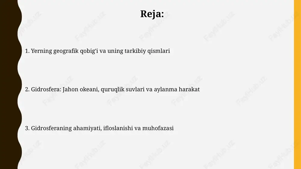 nma harakati quyosh energiyasi ta'sirida bo'lib, okeanlardan bug'lanish, atmosferada ko'chish va 380,000 km³ dan ortiq yog'ingarchilik bilan bog'liq. gidrosferaning aylanma harakati iqlimni tartibga solishda muhim rol o'ynaydi, okean oqimlari va atmosfera harakati orqali issiqlikni qayta taqsimlab, 15°c global haroratni barqarorlashtiradi. gidrosferaning ifloslanishi va suv resurslarini muhofaza qilish gidrosferaning ifloslanishi, ayniqsa sanoat chiqindilari bilan, global muammo bo'lib, 70% dan ortiq suv resurslariga salbiy ta'sir ko'rsatadi va suv ekotizimlarini buzadi. qishloq xo'jaligida ishlatiladigan mineral o'g'itlar va pestitsidlar suv havzalariga sizib kirib, ularning tarkibini o'zgartiradi va suvning sifatini yomonlashtiradi, bu esa 30% ichimlik suviga ta'sir etadi. geografik qobiq va inson faoliyati: himoya qilish zaruriyati antropogen ta'sir geografik qobiqda 60-70% o'zgarishlarga olib keldi. bu o'zgarishlar biosfera muvozanatini buzib, ekologik muammolarni keltirib chiqarmoqda, shuning uchun himoya qilish zarur. intensiv qishloq xo'jaligi, sanoat va urbanizatsiya natijasida suv resurslarining 40% dan ortig'i ifloslangan. suvni muhofaza qilish choralarini ko'rish suv tanqisligining oldini oladi. e'tiboringiz uchun rahmat image1.jpg image2.jpg …