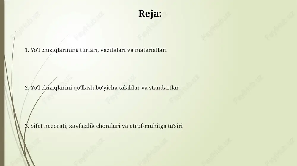 onlama uzluksiz sariq chiziqlar qarama-qarshi harakatlanish yo'nalishlarini ajratib turadi, bunda yo'l harakati xavfsizligi uchun yo'lni kesib o'tish qat'iyan man etiladi. qo'llash texnologiyalari va uskunalari termoplastik materiallar uchun isitish qozonlari 200-220 daraja selsiygacha bo'lgan haroratda eritishni ta'minlaydi, so'ngra purkagichlar orqali avtomatik chiziq chizish mashinalari yordamida qo'llaniladi. sovuq plastiklarni qo'llash uskunalari ikki komponentli aralashtirish tizimlaridan foydalanadi, a va b komponentlarini 1:1 yoki 2:1 nisbatda aralashtirib, yuqori mustahkamlikdagi chiziqlarni hosil qiladi. bo'yoqlarni qo'llash uchun havosiz purkagichlar ishlatiladi, ular yuqori bosim ostida (1500-3000 psi) bo'yoqni sirtga bir tekisda purkaydi va 10-15 daqiqada tez quritish imkonini beradi. qo'llash talablari va standartlari, sifat nazorati chiziqlar yuzasida nosozliklar 5% dan oshmasligi kerak, yopishqoqlik darajasi esa astm d3359 bo'yicha 4b dan kam bo'lmasligi lozim, sifat nazorati vizual va laboratoriya usullari bilan amalga oshiriladi. yo'l chiziqlari 2 mm dan kam bo'lmagan qalinlikda bo'lishi kerak va gost r 52575-2006 standartiga muvofiq yorug'lik qaytarish koeffitsienti kamida 150 mcd/lx/m2 bo'lishi shart. qo'llashdan …