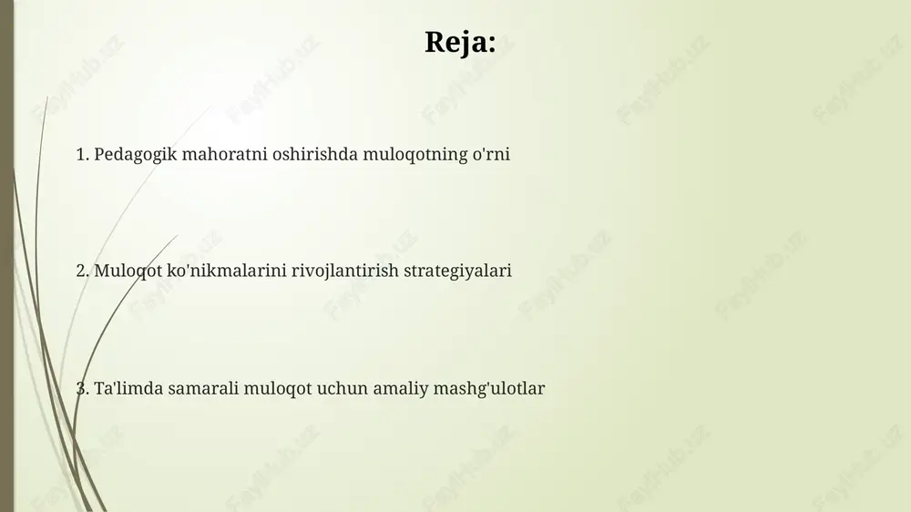dam beradi. empatik tinglash o'quvchining his-tuyg'ularini tushunishni o'z ichiga oladi, bu esa o'quvchilar bilan mustahkam munosabatlarni o'rnatishda va ularning ishonchini qozonishda muhim ahamiyatga ega. baholashsiz tinglash – bu o'quvchining fikrini to'liq eshitib bo'lmaguncha, hech qanday hukm qilmaslik, bu o'quvchilarga o'z fikrlarini erkin ifoda etishga imkon beradi. so'zlashuv ko'nikmalari o'qituvchi savollarni aniq, qisqa va o'quvchilar tushunadigan tilda berishi kerak. misol uchun, 'nima uchun?' savolining o'rniga aniqroq 'nima uchun bu shunday bo'ldi?' deb so'rash maqsadga muvofiq. so'zlashuv ko'nikmalariga aniqlik kiradi: 7 foiz verbal, 38 foiz vokal (ohang, tezlik), 55 foiz esa tana tili orqali. pedagoglar bu nisbatga e'tibor qaratishi muhim. so'zlashuv ko'nikmalarini yaxshilash uchun, o'qituvchi dars jarayonida 3-4 daqiqalik qisqa taqdimotlar o'tkazishi, o'z fikrini ravon va tushunarli ifodalashga mashq qilishi kerak. noverbal muloqot proksemika, ya'ni shaxsiy makon, 1,5 metrdan 3,5 metrgacha bo'lgan ijtimoiy masofa o'qituvchining sinfda harakatlanishini va o'quvchilar bilan munosabatini belgilaydi. noverbal muloqot 60-65% axborotni yetkazadi; bu imo-ishoralar, yuz ifodalari va …