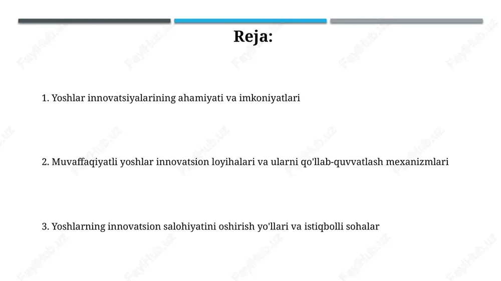 ring, arts, mathematics) yo‘nalishlariga 30% ko‘proq e’tibor qaratish orqali amaliy ko‘nikmalarni rivojlantirish muhim. innovatsion startaplarni moliyalashtirish uchun 50 million so‘mlik grantlar dasturini joriy etish, bu yoshlarning g‘oyalarini tijoratlashtirishga yordam beradi hamda yangi ish o‘rinlari yaratadi. e'tiboringiz uchun rahmat image1.jpg image2.jpg image3.jpg image4.jpg