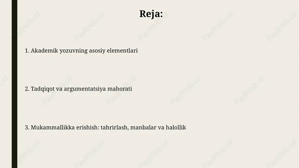 i. tahrirlash, qayta ko'rib chiqish va plagiatdan saqlanish tahrirlashda e'tiborni 7 ta asosiy sohaga qaratish kerak: mazmun, tuzilish, aniqlik, ixchamlik, grammatika, imlo va uslub, har bir elementni alohida tekshirish zarur. qayta ko'rib chiqish jarayonida 3 xil qadamni bajarish kerak: global qayta ko'rib chiqish, qisman qayta ko'rib chiqish va so'nggi tekshiruv, bu matn sifatini oshiradi. xulosa va tavsiyalar xulosa tadqiqot savolingizga aniq javob berishi, tezis bayonotingizni yana bir bor ta'kidlashi va asosiy argumentlaringizni 2-3 jumlada jamlashi kerak. tavsiyalarda kelajakdagi tadqiqotlar uchun yo'nalishlar ko'rsating, tadqiqotingizning 3 ta muhim cheklovini e'tirof eting va amaliyot uchun 1-2 ta aniq taklif bering. e'tiboringiz uchun rahmat image1.jpg image2.jpg image3.jpg image4.jpg image5.jpg image6.jpg