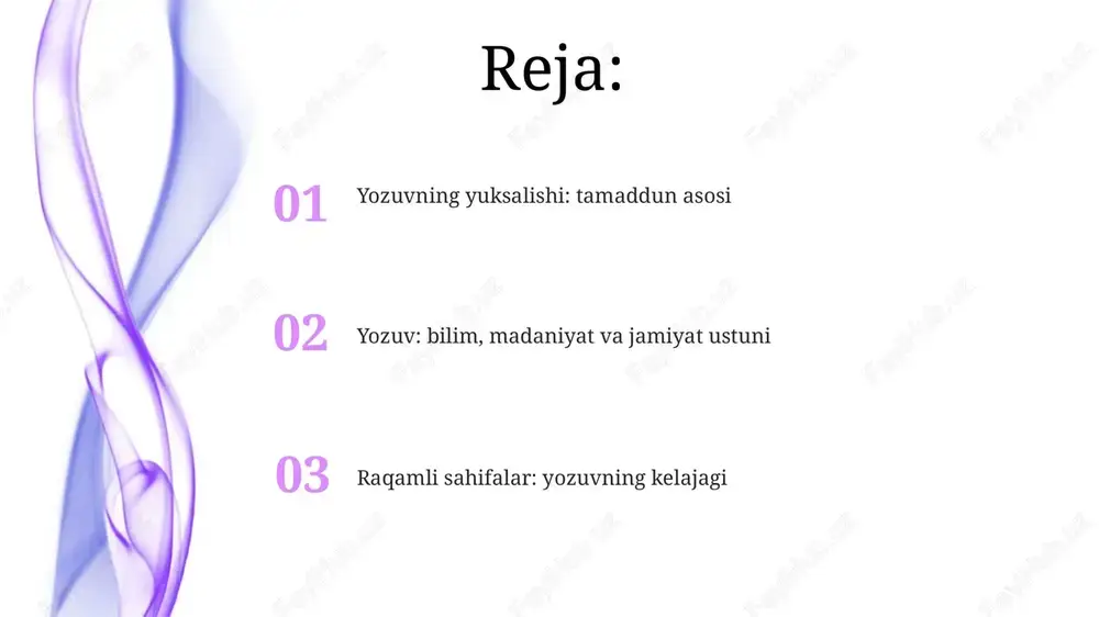 kabi fikrlarini hujjatlashtirishga yordam berdi, bu ularning ijodiy jarayonlarini yaxshiladi. yozuv adabiyotda 3000 yildan ortiq vaqt davomida she'riyat, dramatik asarlar va romanlar yaratish imkonini berdi, inson tajribasini aks ettiruvchi hikoyalar yaratish vositasi bo'ldi. raqamli yozuv va kelajak raqamli yozuv, masalan, 128 bitli shifrlash bilan himoyalangan elektron pochta xabarlari, shaxsiy aloqa va maxfiy ma'lumotlarning xavfsizligini ta'minlaydi. internetda 4,9 milliarddan ortiq foydalanuvchi bilan raqamli yozuv bilimlarni tez tarqatish, hamkorlikni kuchaytirish va global o'rganish imkoniyatlarini yaratadi. e'tiboringiz uchun rahmat image4.png image5.jpg image6.jpg image7.jpg image8.jpg image9.jpg image1.jpeg image2.jpeg image3.jpeg