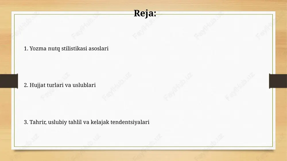 ralar va qat'iy grammatik qoidalar qo'llaniladi, shaxsiy fikrlar minimal darajada ifodalanadi. ilmiy uslubda 5 yoki undan ortiq terminlar aniq ta'riflanadi va 70% hollarda faktlarga asoslanadi. maqsad - ob'ektiv ma'lumotni taqdim etish, dalillar bilan tasdiqlash va tadqiqot natijalarini yoritish. uslubiy xatoliklar: sabablari va ularni tuzatish usullari uslubiy xatoliklar koʻpincha soʻzlarni notoʻgʻri tanlash (masalan, paronimlarni adashtirish), noaniq iboralar va keraksiz takrorlar tufayli yuzaga keladi. bularni sinonimlar, aniq ta’riflar bilan tuzatish mumkin. grammatik moslashuvning buzilishi (masalan, ega va kesimning mos kelmasligi) yoki soʻz tartibining notoʻgʻriligi jiddiy uslubiy xatoliklarga olib keladi. buni qat’iy grammatik qoidalarga rioya qilib tuzatish lozim. tahrir usullari va stilistik tahlil tahrir usullaridan biri - "4 qo'l" qoidasi bo'lib, bunda hujjatni kamida 2 kishi tekshiradi, birinchisi yozadi, ikkinchisi esa xatolarni tuzatadi va stilistikani yaxshilaydi. stilistik tahlil 3 asosiy bosqichdan iborat: matnning umumiy taassurotini aniqlash, uslubiy vositalarni aniqlash va ularning ta'sirini baholash, hamda xulosalar chiqarish. ritorik vositalar va nutq madaniyati ritorik vositalar, …