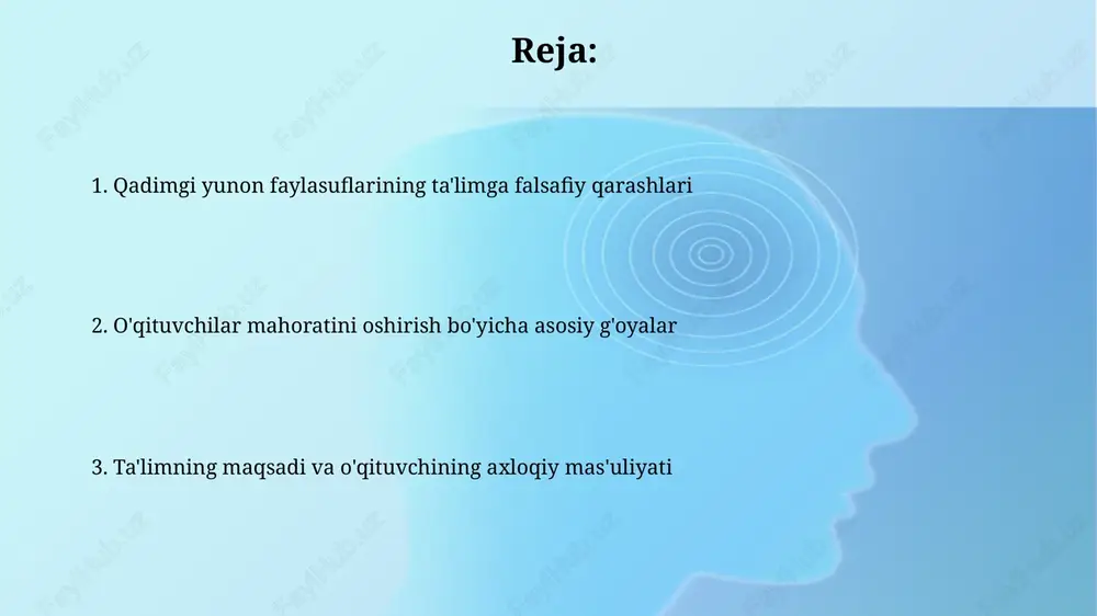 fuqarolarini shakllantirish uchun ta'lim 2 asosiy vosita bo'lib xizmat qiladi. aristotel ta'lim davlat siyosatining bir qismi bo'lishi kerak, chunki u davlatning konstitutsiyasiga mos kelishi va yaxshi fuqarolarni yetishtirishi kerak deb ta'kidlagan. tanqidiy fikrlash sokrat o'z dialoglarida o'qituvchilarni 1 savol usuli orqali asosiy e'tiqodlarni sinovdan o'tkazishga undagan va bu tanqidiy fikrlash qobiliyatini rivojlantirishning muhim usuli hisoblangan. platonning fikricha, «g’or haqida afsona» dagi o'qituvchilarning vazifasi 2 talabani mavjud tushunchalarni shubha ostiga qo'yishga va haqiqatni mustaqil ravishda qidirishga undashdir. doimiy takomillashuv sokrat o'zining doimiy takomillashuv tamoyilida bilimsizlikni tan olishni va o'rganishga intilishni ta'kidlagan, bu esa o'qituvchilarni 0 dan boshlashga va doimo bilimlarni izlashga undaydi. platon o'zining "davlat" asarida o'qituvchilar doimiy takomillashuvi uchun ilmiy tadqiqotlar va falsafiy mulohazalarni muhim deb bilgan, bu esa ularga 3 asosiy sohada o'sishga yordam beradi. e'tiboringiz uchun rahmat image2.jpg image3.jpg image4.jpg image5.jpg image6.jpg image7.jpg image8.jpg image1.png