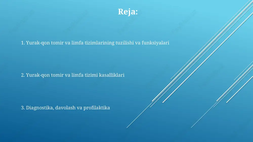 i natijasida yuzaga keladi. bunga yuqori qon bosimi, yik va yurak klapanlarining nuqsonlari sabab bo'lishi mumkin. shish, hansirash va charchoq asosiy belgilardir. qon tomir kasalliklari: ateroskleroz va boshqalar ateroskleroz qon tomirlarining torayishi bilan tavsiflanadi, bu esa lipitlar, xolesterin va yallig'lanish hujayralarining 10-30 yil davomida qon tomirlari devorlarida to'planishi natijasida yuzaga keladi. periferik arteriya kasalligi ko'pincha oyoqlardagi qon tomirlarining aterosklerotik okklyuziyasi natijasida kelib chiqadi, 50 yoshdan oshganlarda uchraydi va 60-70% hollarda simptomlarsiz kechadi. varikoz tomirlari venalarning klapanlarining yetishmovchiligi natijasida oyoqlarda venoz qonning to'planishi bilan bog'liq bo'lib, 23% kattalarda uchraydi va og'riq, shish kabi alomatlarga olib kelishi mumkin. limfa tizimi kasalliklari: limfadenit va boshqalar limfedema, limfa tomirlarining blokadasi natijasida yuzaga keladi, bu esa to'qimalarda suyuqlikning to'planishiga olib keladi, odatda qo'l yoki oyoqda, ba'zida 3-5 litrgacha suyuqlik yig'iladi. limfadenit ko'pincha bakterial infektsiya, masalan, streptokokklar yoki stafilokokklar tufayli kelib chiqadi, ular limfa tugunlariga kirib, 1-2 sm o'lchamdagi shish va og'riqni keltirib chiqaradi. limfoma, limfa …