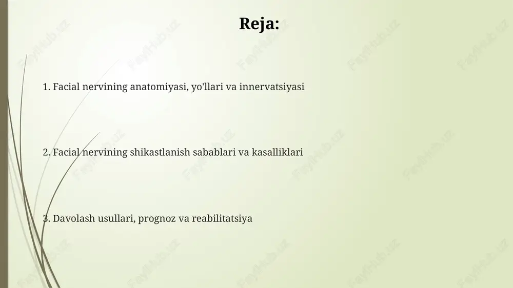 hunt sindromi, o'smalar, travmalar) bell falaji, aniq sababi noma'lum bo'lgan yuz nervi zararlanishi, 7-kranial nervning yallig'lanishi yoki shishishi bilan xarakterlanadi, bu esa bir tomonlama falajga olib keladi. ramsay hunt sindromi - bu varicella-zoster virusi (suvchechak va temiratki virusi) sabab bo'lgan yuz nervining zararlanishi bo'lib, quloqdagi qizil toshmalar va yuz falajini keltirib chiqaradi. yuz nervining o'smalari, masalan, akustik nevroma yoki yuz nervining shvannomasi, nervning siqilishiga olib kelishi mumkin, bu esa sekin-asta rivojlanadigan falaj yoki boshqa nevrologik buzilishlarga olib keladi. yuz nervi kasalliklarini davolash usullari ramsay hunt sindromida antiviral preparatlar, masalan, asiklovir 800 mg dan kuniga 5 marta 7-10 kun davomida, yallig'lanishni kamaytiradi va asoratlarni oldini oladi. bell falajini davolashda kortikosteroidlar, masalan, prednizolon 60-80 mg dozada, 10 kun davomida qo'llaniladi, bu shishni kamaytiradi va tiklanishni tezlashtiradi. yuz nervining o'sma kasalliklarini davolash jarrohlik yo'li bilan amalga oshiriladi, ba'zida radiatsiya terapiyasi yoki kimyoterapiya bilan birgalikda, o'smani olib tashlash va qaytalanish xavfini kamaytirish uchun. yuz …