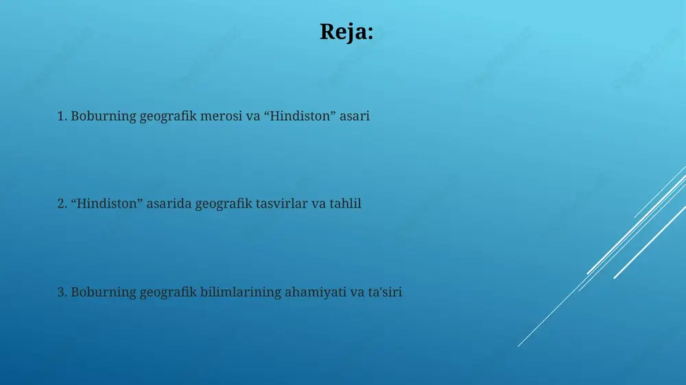va harbiy qudratiga qarab tahlil qilgan. bobur hind vodiysining strategik ahamiyatini, ayniqsa, shimoldan keladigan bosqinlarga qarshi mudofaa pozitsiyasi sifatida baholadi va buning sabablarini ko'rsatib berdi. boburning xaritalari va ularning ahamiyati boburning xaritalari saqlanib qolmagan boʻlsa-da, uning “boburnoma” asarida hindistonning geografik xususiyatlari 1526-1530 yillarga oid batafsil tavsiflari mavjud. boburning geografik bilimlari, ayniqsa daryolar oʻzanlari, togʻ tizmalari va asosiy shaharlar masofalari haqidagi maʼlumotlari, uning strategik rejalashtirish qobiliyatini koʻrsatadi. "hinduston" asarining tarixiy ahamiyati va ta'siri "hinduston" 16-asr tarixiy manbasi sifatida muhim, boburning bevosita kuzatuvlari asosida hindistonning siyosiy tuzilmasi va madaniyatini tasvirlaydi. asar boburiylar imperiyasi tarixini o'rganishda muhim ahamiyatga ega, chunki unda mintaqaning iqtisodiyoti, geografiyasi va strategik ahamiyati haqida ma'lumotlar mavjud. e'tiboringiz uchun rahmat image1.jpg image2.jpg image3.jpg image4.jpg image5.jpg image6.jpg image7.jpg