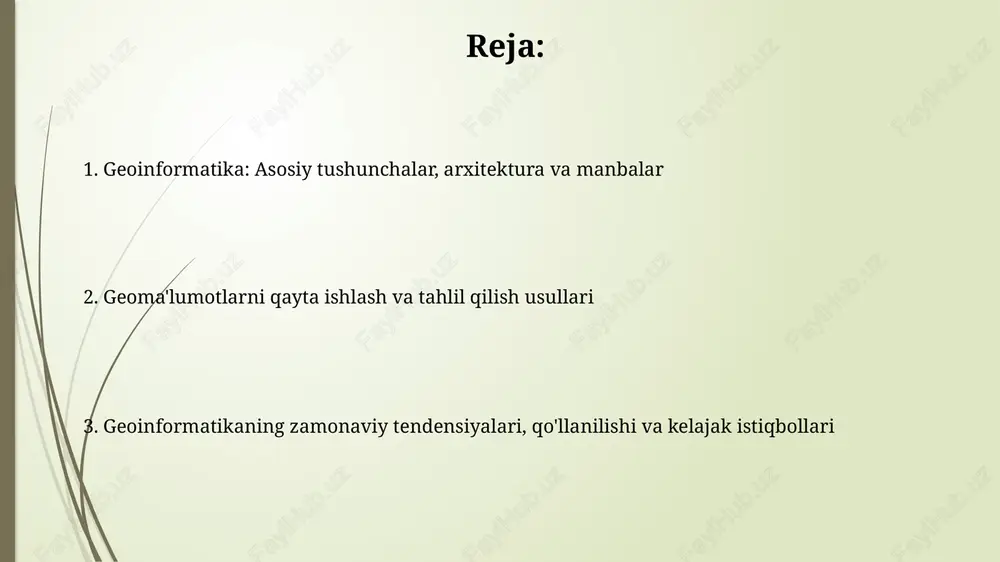 cessing va kengaytirilgan real vaqtda ma'lumotlarni vizuallashtirish funksiyalarini qo'llab-quvvatlaydi. geoinformatika tizimlarining qo'llanilishi va amaliy tadqiqotlar qishloq xo'jaligida gis hosildorlikni optimallashtirish uchun tuproq unumdorligi, sug'orish ehtiyojlari va o'g'itlash darajalarini tahlil qiladi, bu esa 15-20% gacha hosilni oshirishga olib keladi. shaharni rejalashtirishda gis transport infratuzilmasini, aholi zichligini va xizmat ko'rsatish imkoniyatlarini modellashtiradi, yangi qurilish loyihalarini baholash va resurslarni 25% gacha samarali taqsimlash imkonini beradi. sun'iy intellekt, mashinaviy o'rganish va bulutli geoinformatika sun'iy intellekt (si) geoma'lumotlarni tahlil qilishda juda muhim, masalan, yo'l harakatini 85% aniqlikda bashorat qilish yoki sun'iy yo'ldosh tasvirlaridan ob'ektlarni avtomatik ravishda aniqlash imkonini beradi. mashinaviy o'rganish algoritmlari ob-havo ma'lumotlari, tuproq turlari va o'simlik qoplamasini birlashtirib, ekinlarning hosildorligini 90% aniqlikda baholash uchun bulutli geoinformatika platformalarida keng qo'llaniladi. kelajak istiqbollari, standartlar, interoperabillik va etik jihatlar kelajakda geoinformatika standartlari iso 19100 seriyasi kabi geoma'lumotlar almashinuvi va integratsiyasini ta'minlashda muhim rol o'ynaydi, interoperabillikni oshiradi. etik jihatlar geoma'lumotlardan noto'g'ri foydalanishning oldini olish uchun juda muhim, …
