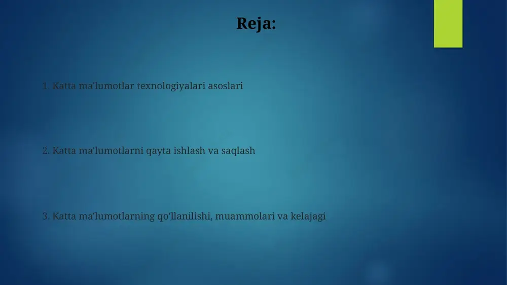ikal identifikator bilan to'plab, 1000 milliardlab ob'ektni saqlash imkonini beradi, masshtablash va moslashuvchanlikni ta'minlaydi. ma'lumotlar ko'li turli formatdagi (strukturaviy, yarim strukturaviy, strukturaviy emas) barcha ma'lumotlarni xom holatda saqlash uchun markaziy ombordir, tahlil va qayta ishlash uchun qulay. ma'lumotlarni qayta ishlash usullari: mapreduce va oqimli qayta ishlash mapreduce katta hajmdagi ma'lumotlarni parallel ravishda qayta ishlash uchun ishlatiladi, bunda vazifa 2 bosqichga bo'linadi: 1) map (xarita) va 2) reduce (qisqartirish) bosqichlari, natijada tezkor natijalarga erishiladi. oqimli qayta ishlash doimiy ravishda ma'lumotlarni real vaqtda qayta ishlaydi, masalan, sensorlardan yoki moliyaviy bozordan keladigan ma'lumotlar oqimini. bu 24/7 monitoring va tezkor javob berish imkonini beradi. mapreduce odatda paketli qayta ishlash uchun ishlatiladi, oqimli qayta ishlash esa kam kechikishli, real vaqtda tahlil qilish uchun mo'ljallangan, bu ikki usul 100 msekund ichida farqlanadi. ma'lumotlarni vizualizatsiya qilish va bulutli ma'lumotlar bazalari bulutli ma'lumotlar bazalari avtomatik miqyosni ta'minlaydi, shuning uchun siz yilning eng band vaqtida 99,99% ish vaqtidan foydalanishingiz …