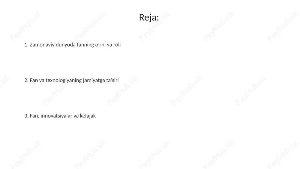 gi ilmiy tadqiqotlarda manipulyatsiyalar yoki soxta ma’lumotlar taqdim etish kabi ilmiy soxtalikning oldini olish uchun qat’iy etik kodekslar va 23 ta axloqiy tamoyillarga rioya qilish muhim. genetik muhandislik va sun'iy intellekt kabi rivojlanayotgan texnologiyalar natijalari 20 yil ichida jamiyatga katta ta’sir ko’rsatishi mumkin, shuning uchun axloqiy baholash zarur. fan va ta'lim: bilim olish va tarqatish fan va ta'lim o'zaro bog'liq; ta'lim fanni tarqatadi, ilmiy bilimlarni o'rgatadi, talabalarga 21-asr ko'nikmalarini shakllantirishga yordam beradi. ta'lim orqali fan yangi avlod olimlarini tayyorlaydi, ularning ilmiy tafakkurini rivojlantiradi va innovatsion tadqiqotlar olib borishga undaydi. ilmiy tadqiqotlar va innovatsiyalarning ahamiyati innovatsiyalar, ayniqsa, sun'iy intellekt sohasida, 2025 yilgacha global yaimni 14% gacha oshirishi mumkin, biznes jarayonlarini avtomatlashtirish va yangi mahsulot va xizmatlarni yaratish orqali iqtisodiy o'sishni tezlashtiradi. ilmiy tadqiqotlar, masalan, crispr gen tahrirlash texnologiyasi, tibbiyotda inqilob qilib, genetik kasalliklarni davolashning yangi usullarini yaratishga imkon beradi, shuningdek, 2030 yilgacha umr ko'rish davomiyligini oshirishga yordam beradi. global muammolarni hal …