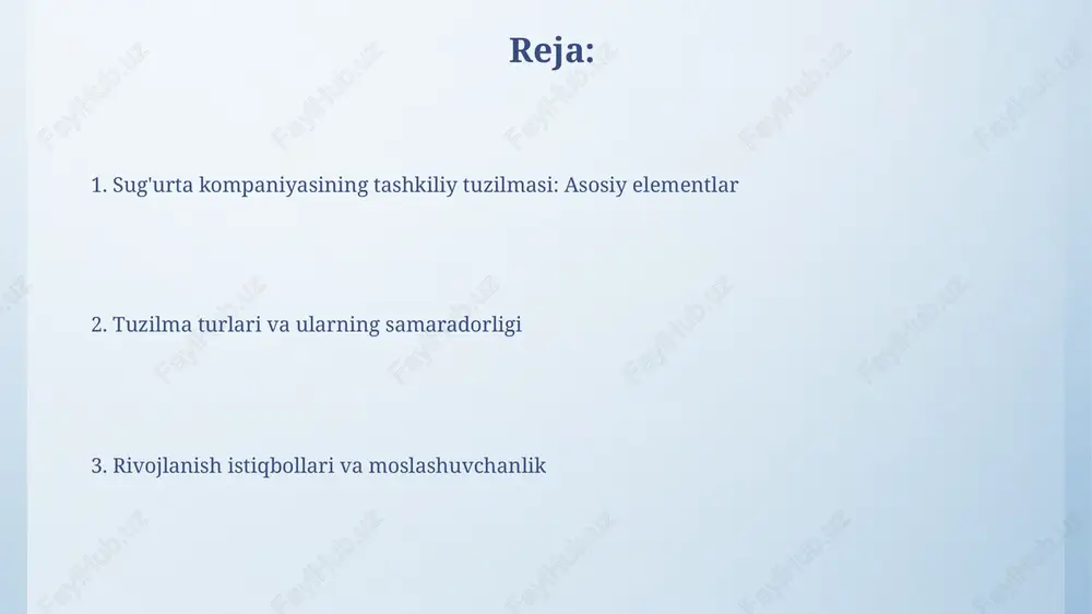 etadi. katta qarorlar investitsiya qo'mitasi tomonidan qabul qilinadi, kichik qarorlar esa bo'lim boshliqlari tomonidan, bu esa operativlikni oshiradi. kommunikatsiya kanallari sug'urta kompaniyasida kommunikatsiya kanallari rasmiy (elektron pochta, yig'ilishlar) va norasmiy (muloqot guruhlari, shaxsiy suhbatlar) bo'lishi mumkin, ularning muvozanati 70/30 nisbatida bo'lishi maqsadga muvofiqdir. kompaniyaning aloqa kanallari 80% ichki (intranet, xabarlar) va 20% tashqi (ijtimoiy tarmoqlar, press-relizlar) bo'lishi, mijozlarga xizmat ko'rsatish uchun tezkor aloqa liniyalari (telefon, chat) 24/7 faoliyat yuritishi lozim. markazlashtirish va markazsizlashtirish markazlashtirishda yuqori rahbariyat muhim qarorlarni qabul qiladi, masalan, 80% dan ortiq investitsiya strategiyalari. bu tezkorlikni kamaytiradi, lekin xarajatlarni 15% ga qisqartirishi mumkin. markazsizlashtirishda 50% dan ortiq qarorlar filiallar yoki bo'limlar tomonidan qabul qilinadi, mijozlarga yaqinlik ortadi. bu innovatsiyani 20% ga oshirishi va bozorga moslashuvchanlikni ta'minlaydi. geografik tuzilma geografik tuzilma mintaqaviy bo'linmalarga ega, har bir bo'linma o'zining operatsion faoliyati, sotuvi va marketingi uchun mas'ul bo'lib, xarajatlarni kamaytiradi va 5-10% samaradorlikni oshiradi. geografik tuzilma turli hududlardagi mijozlarning ehtiyojlariga moslashtirilgan …