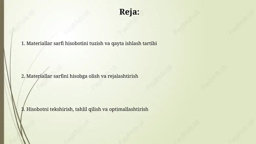 xlar, vintlar). materiallarni qabul qilish, saqlash va hisobga olish materiallarni qabul qilishda 100% toʻgʻri kelishini taʼminlash uchun miqdor, sifat va hujjatlar boʻyicha vizual tekshiruvdan oʻtkazish, qabul qilish dalolatnomalarini tuzish muhim. saqlash joylari materiallarning turiga qarab, harorat, namlik va xavfsizlikni taʼminlashi kerak, shuningdek, fifo (birinchi kirgan - birinchi chiqqan) tamoyiliga rioya qilish lozim. materiallarning harakati va sarfini hujjatlashtirish materiallarning harakati har bir operatsiya uchun asosiy hujjatlar (masalan, m-11 shakli) orqali rasmiylashtiriladi, ularda materialning nomi, miqdori va maqsad joyi ko'rsatiladi. materiallar sarfini hujjatlashtirishda m-29 shakli kabi sarf me'yorlari va faktik sarf o'rtasidagi tafovutlarni aks ettiruvchi hujjatlar muhim rol o'ynaydi. sarf materiallarining hisobot shakllari va to'ldirish tartibi m-29 shakli materiallar sarfini hisobga olish kartasi bo'lib, har bir material turi uchun alohida ochiladi va oylik materiallar harakati 15 kun ichida aks ettiriladi. sarf materiallari uchun m-11 shakli talabnomasi ish boshqaruvchisi tomonidan to'ldiriladi va unda materialning nomi, miqdori, o'lchov birligi va loyihaning nomi ko'rsatiladi. hisobotni …