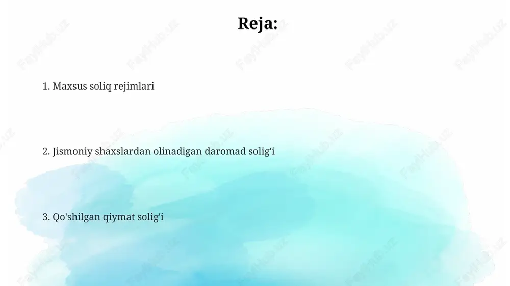 va mahsulotning kamida 90 foizini o'zlari ishlab chiqarishi zarur. jismoniy shaxslardan olinadigan daromad solig'i: asosiy tushunchalar jismoniy shaxslardan olinadigan daromad solig'i (jshods) stavkalari rezidentlar uchun 12% bo'lib, soliq solinadigan daromadga qarab belgilanadi va imtiyozlar qo'llanilishi mumkin. soliq solinadigan daromadga ish haqi, dividendlar, foizlar va mulkni ijaraga berishdan olingan daromadlar kiradi; ayrim daromadlar soliqdan ozod qilinishi mumkin. jshodsni to'lash muddatlari soliq agentlari (masalan, ish beruvchilar) orqali amalga oshiriladi, ular daromaddan soliqni ushlab qolib, byudjetga o'tkazadilar. daromad solig'i stavkalari o'zbekistonda jismoniy shaxslardan olinadigan daromad solig'ining asosiy stavkasi progressiv bo'lishi mumkin, ya'ni daromad ortishi bilan soliq stavkasi ham oshadi, bu byudjetga ta'sir qiladi. o'zbekistonda jismoniy shaxslardan olinadigan daromad solig'i stavkalari daromad turlariga qarab farqlanadi, dividendlar uchun alohida stavka qo'llanilishi mumkin, bu asosiy stavkadan farq qiladi. qat'iy belgilangan soliq stavkalari patent asosida faoliyat yurituvchi tadbirkorlar uchun qo'llanilishi mumkin, bunda soliq miqdori daromaddan qat'iy nazar o'zgarmaydi. soliq imtiyozlari va chegirmalar qonunchilikka muvofiq, fuqarolar o'zlarining ta'lim …