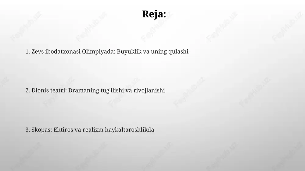 oddiy joy bo'lgan, keyinchalik esa taxminan 17000 tomoshabinni sig'dira oladigan tosh inshootga aylantirilgan. teatr dionis sharafiga bag'ishlangan dramatik festivalning markazi bo'lgan, unda uch tragediya yozuvchisi va besh komediya yozuvchisi o'z asarlarini taqdim etish uchun bellashgan. teatrning rivojlanishi va tuzilishi dastlabki teatrlar oddiy edi, miloddan avvalgi vi asrda tor maydon bo'lib, aktyorlar va xor uchun joy ajratilgan edi, tomoshabinlar esa yonbag'irlarda o'tirishardi. miloddan avvalgi iv asrga kelib, teatrlar toshdan qurilgan, yarim doira shaklidagi o'rindiqli (koilon), orkestr (xor joyi) va sahnaga ega bo'lgan (skene) bo'lgan. dionis festivali va spektakllar dionisiyaning sharafiga bag'ishlangan katta dionisiya festivali har yili 5 kun davom etib, dramatik musobaqalar, shu jumladan 3 tragediya va 1 satirik pyesa namoyish etilgan. dionisiyaning teatrida spektakllar xorda qo'shiq aytish va raqsga tushishdan boshlangan, keyinchalik esxil kabi dramaturglar ikkita aktyorni qo'shib, dramatik imkoniyatlarni oshirgan. skopas: hayot va ijod skopas eramizdan avvalgi iv asrda gullab-yashnagan, taxminan miloddan avvalgi 395-330-yillarda. uning asarlari kuchli hissiyot, ayniqsa, …