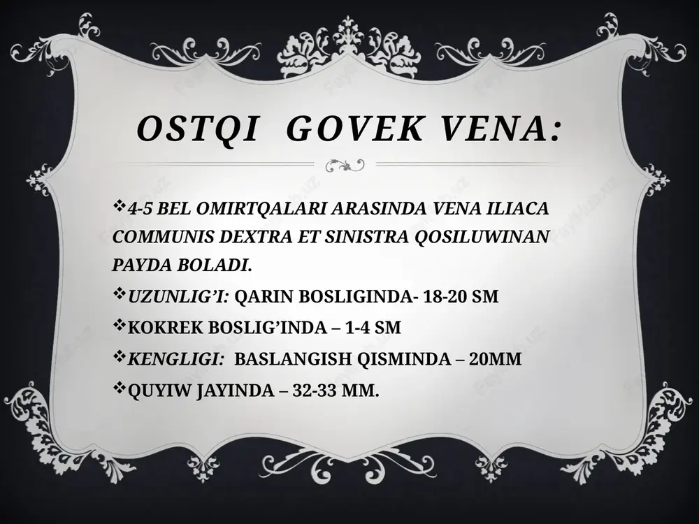 rivajlanadig’an simptomlar kompleksi. 1-1,5 % ahalida ushraydi tungi waqtlarda ham uzoq waqt tik turib qoluwda baltir bukshiqetleri tortisib qaladi. shish payda boladi. 4ta turi boladi: shish ogriqli varikoz yarali aralash postromboflebitik sindrom: vena cava inferior: bolalarga xos xususiyatlari 3-4-bel omirtqalari sohasinda payda boladi burchagi 63 gradus boladi qisqa ham nisbeten ken’ boladi vena oqimlari devoli vena cava superiorga nisbeten qalin’ boladi ospirinlik davrinda diametri 23-26 mm boladi. image3.png image4.png image5.png image6.png image7.png image8.png image9.png image10.png image11.png image12.png image13.png image14.png image15.png image16.png image17.png image18.png image19.png image20.png image21.png image22.png image23.png image24.png image25.png image26.png image27.png image28.png image29.png image2.png /docprops/thumbnail.jpeg