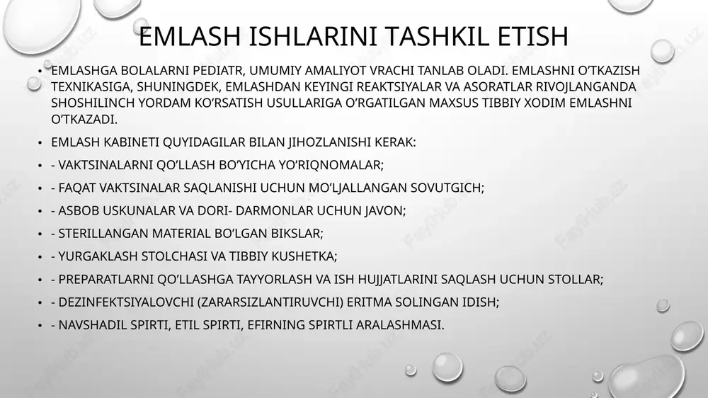 oʼrsatilayotgan aholi soni aniq boʼlgandan soʼng rejalarni tuzishga kirishiladi. profilaktik emlashlar rejalarini 063, 112, 26 shakllar boʼyicha oʼtkazish hamda uchastka shifokori va kartoteka yurituvchi tibbiyot hamshirasi zimmasiga yuklatiladi; qishloq joylarida esa qvp (fap) shifokori (feldsheri) va uchastka kasalxonasi shifokori zimmasiga yuklatiladi. silga qarshi emlashlar rejasini tuzish davolash profilaktika muassasalari, shu jumladan, tugʼruqxonalar, bolalar va umumiy poliklinikalar, silga qarshi dispanserlar bosh shifokorlari zimmasiga yuklatiladi emlanganlik hisobini va kartotekani yuritish tartibi kartoteka toʼgʼri yuritilishi va bolalar emlashlar bilan toʼliq qamrab olinishi uchun bolalik va tugʼruqqa yordam boʼyicha bosh shifokor muovini va emlash kabinetining immunolog shifokori javob beradilar ular quyidagilarni muntazam tekshirib borishlari shart: - bolalar hisobi toʼliqligini; - emlashlar oʼz vaqtida oʼtkazilishini; - emlashlar oʼtkazilishiga moneliklar asoslanganligini; - ayni hududda yashab turgan, ammo boshqa bir maktabgacha va taʼlim muassasalariga oʼqishga boruvchi bolalarga qilingan emlashlar toʼgʼrisida maʼlumotlar olishni; shifokorning emlashni tayinlash va bekor qilish 20 toʼgʼrisidagi yozuvi hisobga olish-hisobot shakllarida emlashlarning roʼyxatga olinishini; …