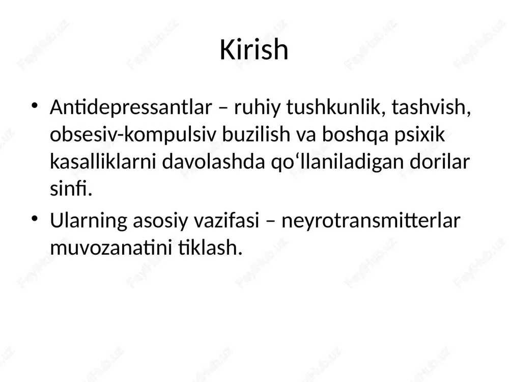 bilan xavfli o‘zaro ta’sir xulosa antidepressantlar – psixiatriya va umumiy tibbiyotda eng ko‘p qo‘llaniladigan dorilar. to‘g‘ri tanlash va nazorat ostida qo‘llash samarali natija beradi. har bir klassning o‘ziga xos mexanizmi va ko‘rsatmalari mavjud. /docprops/thumbnail.jpeg