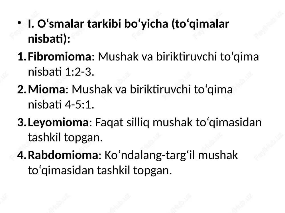 ichaklar (ko‘proq to‘g‘ri ichak). buyraklar. qorin pardasi, operatsiya chandiqlari. nervlar va boshqa a'zolar. ii. tashqi endometriozning klinik tasnifi (acosta bo‘yicha) “kichik” endometrioz: chanoq qorin pardasining alohida geterotopiyalari (yakka o‘sma shakllar). tuxumdondagi bitishma va chandiqlarsiz yakka geterotopiyalar. "og‘ir" endometrioz: tuxumdonlarda 2 sm va undan katta diametrli kistalarni shakllantiruvchi endometrioz. periovarial va/yoki peritubar jarayonlar bilan kechuvchi tuxumdon endometriozi: tuxumdon atrofi va bachadon naylari atrofida patologik jarayonlar mavjud. bachadon naylarining deformatsiyasi, chandiqlar va o'tkazuvchanlikning buzilishi. to‘g‘ri ichak va bachadon orasi bo‘shlig‘ining obliteratsiyasi bilan kechuvchi chanoq qorin pardasi endometriozi. dumg‘aza-bachadon bog‘lamlari, to‘g‘ri ichak va bachadon orasi bo‘shlig‘ining obliteratsiyasi. siydik yo’llari va/yoki ichak endometriozi image1.png image2.png image3.png image4.png /docprops/thumbnail.jpeg