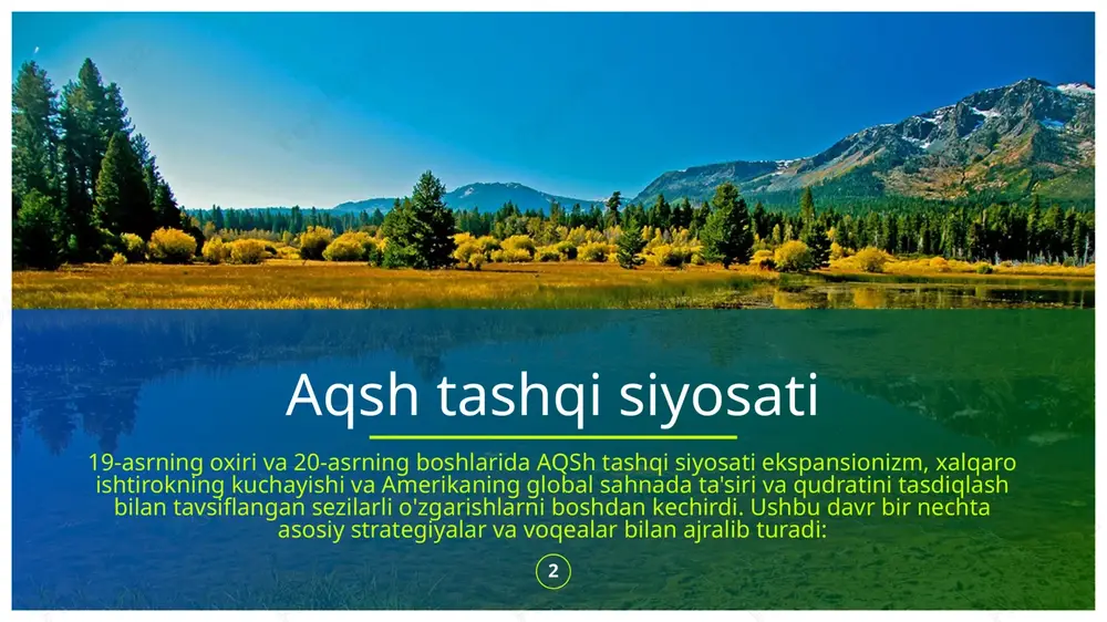 rqiy osiyoda ayniqsa yaqqol namoyon bo'ldi. vudro vilsonning axloqiy diplomatiyasi: uilson aqsh dunyoda demokratiya va ma'naviy taraqqiyotni yoyishi kerak degan g'oyani ilgari surdi. bu siyosat ko'pincha aqshning lotin amerikasiga ma'naviy javobgarlik niqobi ostida aralashuviga olib keldi.uilsonning yondashuvi birinchi jahon urushi paytida sinovdan o'tkazildi, u dastlab betaraflikni saqlashga harakat qildi, ammo oxir-oqibat 1917 yilda "dunyoni demokratiya uchun xavfsiz qilish" uchun aqshni urushga olib keldi. add a footer 5 xalqaro mavjudlik va ittifoqlar birinchi jahon urushidagi ishtiroki: aqsh 1917-yilda birinchi jahon urushiga kirdi, bu yevropadagi mojarolarda birinchi yirik ishtirokini belgiladi. ishtirok etish urushdan keyingi jahon tartibini shakllantirishga yordam berdi, shu jumladan millatlar ligasining tashkil etilishi, garchi aqsh senati oxir-oqibat ligaga qo'shilishni rad etdi. 6 asosiy tushunchalar va doktrinalar monro doktrinasi: dastlab 1823 yilda ifodalangan monro doktrinasi amerika qit'asidagi yevropa mustamlakachiligiga qarshi bo'lgan uzoq yillik siyosat edi. bu davrda lotin amerikasiga aralashuvlarni oqlash uchun tez-tez murojaat qilingan. aniq taqdir: manifest taqdirga bo'lgan ishonch, …