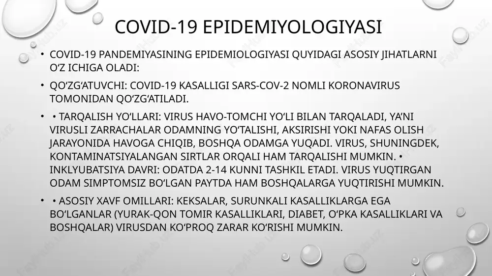 lat miqyosida ko‘plab chora-tadbirlar amalga oshirildi: • test qilish va kuzatish: aholi orasida keng miqyosda covid-19 testlarini o‘tkazish, kasallik simptomlarini ko‘rsatayotgan yoki aloqada bo‘lgan shaxslarni aniqlash va kuzatish. • karantin va izolyatsiya: kasallikka chalinganlar yoki kasallanganlar bilan aloqa qilganlar izolyatsiya qilinadi. jamoaviy joylarda odamlar sonini cheklash, maktablar va ish joylarini vaqtincha yopish kabi chora-tadbirlar qabul qilindi. • sanitariya va dezinfeksiya: jamoat joylarida dezinfeksiyalash ishlarini olib borish, xususan, sirtlarni tozalash va havo yo‘llarini dezinfeksiya qilish choralari. • emdash dasturlari: covid-19 ga qarshi emlash kampaniyalari keng ko‘lamda amalga oshirilib, vaksinatsiya orqali virusning tarqalishini cheklash maqsad qilinadi. • ma’lumot berish va o‘rgatish: aholini kasallik, uning tarqalish yo‘llari va oldini olish usullari haqida xabardor qilish maqsadida muntazam ravishda sog‘liqni saqlash xodimlari va mutaxassislar tomonidan ma’lumot tarqatish ishlari amalga oshiriladi. e’tiboringiz uchun rahmat image2.png image3.png image1.png /docprops/thumbnail.jpeg