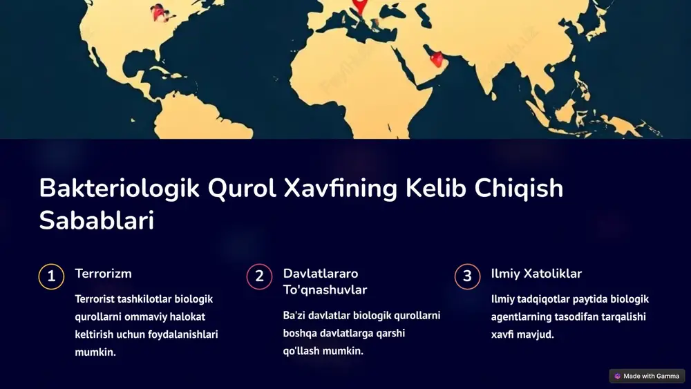 sport vositalari va boshqa sirtlarni dezinfektsiya qilish. karantin bakteriologik qurol qo'llanilgan hududda karantin e'lon qilish va odamlarning harakatlanishini cheklash. vaktsinasiya aholiga mos vaktsinalarni berish orqali immunitetni oshirish. 6 bakteriologik qurol qo'llanilishi oqibatlarini tugatish zararni baholash bakteriologik qurol qo'llanilishi natijasida kelib chiqqan zararni batafsil baholash kerak. tozalash va tiklash zararlangan hududlarni tozalash, tiklash va reabilitatsiya qilish ishlari amalga oshirilishi kerak. ijtimoiy va psixologik yordam zararlangan aholi va ularning oilalariga ijtimoiy va psixologik yordam ko'rsatish kerak. 7 bakteriologik qurol xavfini bartaraf etishda xalqaro hamkorlik ma'lumot almashish bakteriologik qurol xavfi haqida ma'lumotlarni almashish muhim. xalqaro shartnomalar bakteriologik qurollardan foydalanishni taqiqlovchi xalqaro shartnomalarni qo'llab-quvvatlash kerak. birgalikda tadqiqotlar bakteriologik qurolga qarshi kurash bo'yicha birgalikda tadqiqotlar olib borish kerak. 8 bakteriologik qurol xavfiga qarshi kurashda istifoda etiladigan vositalar himoya vositalari bakteriologik agentlarning ta'siridan himoya qilish uchun mo'ljallangan kiyimlar va niqoblar. dori-darmonlar bakteriologik agentlarga qarshi samarali dori-darmonlar ishlab chiqilishi va taqdim etilishi. diagnostika vositalari bakteriologik agentlarni aniqlash …