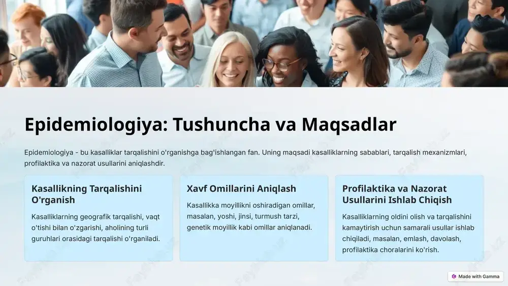 klassifikatsiyasi infeksion kasalliklarni turli xil mezonlar bo'yicha tasniflash mumkin. eng keng tarqalgan tasniflash turlari: kasallikni keltirib chiqaradigan agentga qarab virusli, bakteriyal, zamburug'li va boshqalar tarqalish yo'liga qarab havoda, suvda, oziq-ovqat orqali, qon orqali, kontakt orqali va boshqalar klinik ko'rinishiga qarab o'tkir, surunkali, latent, asimptomatik va boshqalar 5 infeksion kasalliklarni tarqalish yo'llari infeksion kasalliklar turli xil yo'llar bilan tarqalishi mumkin. eng keng tarqalgan yo'llar: havoda kasallikni keltirib chiqaradigan agent havoda joylashgan tomchilar bilan tarqaladi. suvda kasallikni keltirib chiqaradigan agent ifloslangan suv orqali tarqaladi. oziq-ovqat orqali kasallikni keltirib chiqaradigan agent ifloslangan oziq-ovqat mahsulotlari orqali tarqaladi. kontakt orqali kasallikni keltirib chiqaradigan agent bevosita yoki bilvosita kontakt orqali tarqaladi. 6 infeksion kasalliklarni aniqlash va diagnostika qilish infeksion kasalliklarni aniqlash va diagnostika qilish klinik tekshiruvlar, laboratoriya tekshiruvlari va epidemiologik tekshiruvlar yordamida amalga oshiriladi. 1 klinik tekshiruvlar bemorning shikoyatlari, fizik holati, tibbiy tarixi tekshiriladi. 2 laboratoriya tekshiruvlari qon, siydik, balg'am va boshqa materiallarning namunalari olinib, tekshiriladi. …
