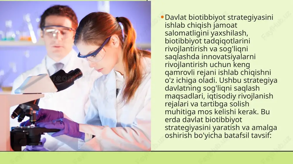 ri va biotexnologiya sanoati o'rtasida hamkorlikda tadqiqot va innovatsiyalarni rivojlantirish uchun hamkorlikni rivojlantirish.infratuzilma: ilg'or biotibbiyot tadqiqotlarini qo'llab-quvvatlash uchun eng zamonaviy tadqiqot ob'ektlari va texnologiyalariga sarmoya kiriting.ishchi kuchini rivojlantirish ta'lim va o'qitish: biotibbiyot sohasida malakali ishchi kuchini yaratish uchun ta'lim dasturlari va o'quv tashabbuslarini ishlab chiqish. tegishli darajalar va sertifikatlarni taklif qilish uchun ta'lim muassasalari bilan hamkorlik qiling.i shga qabul qilish yo'llari: biotibbiyot mutaxassislari uchun aniq martaba yo'llarini, shu jumladan uzluksiz ta'lim va kasbiy rivojlanish imkoniyatlarini yarating. innovatsiyalar va tijoratlashtirish startaplar va tadbirkorlik: biotibbiyot startaplarini inkubatorlar, akseleratorlar va venchur kapitaliga kirish orqali qo‘llab-quvvatlash. tadbirkorlikni rivojlantirish uchun murabbiylik va resurslar bilan ta'minlash. normativ yordam: yangi biotibbiyot mahsulotlari va davolash usullarini ishlab chiqish va tijoratlashtirishni osonlashtirish uchun tartibga solish jarayonlarini soddalashtirish. davlat-xususiy sheriklik: innovatsion yechimlarni bozorga olib chiqish uchun davlat va xususiy kompaniyalar o‘rtasidagi hamkorlikni rag‘batlantirish.normativ va axloqiy mulohazalar muvofiqlik: barcha biotibbiyot faoliyati shtat va federal qoidalarga, jumladan, klinik sinovlar, maʼlumotlar maxfiyligi va …