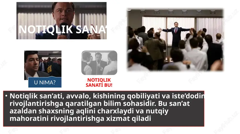 i. qadimgi yunonistonda nutqning lo‘nda, jozibador bo‘lishiga jiddiy e’tibor berishgan. chiroyli nutq so‘zlashning uch uslubini farqlash mumkin: aralash uslub emotsional-hissiy uslub ajralib turuvchi uslub nutq turkumlari va turlari: ijtimoiy-siyosiy notiqlik ijtimoiy-siyosiy nutq hisobot nutqi siyosiy nutq sharhlar miting nutqi tashviqot nutqi akademik notiqlik ilmiy nutq ilmiy axborot oliy va o‘rta maxsus o‘quv yurtlaridagi ma’ruzalar sud notiqligi prokurorlik yoki ayblov nutqi advokatlik yoki himoya nutqi ijtimoiy-maishiy notiqlik tantanalardagi nutq sahna nutqi tele-radio jurnalistlar nutqi diniy notiqlik juma namozida imom va’zxonligi amri ma’rufda imom va’zxonligi va b. omma oldida nutq so‘zlashga qanday tayyorlanish kerak? 1. beriladigan vaqtni hisobga olish. aniq vaqt belgilanmagan bo‘lsa-da, uzun nutq tayyorlash yaramaydi. o‘rtacha 5-7 daqiqa, ko‘pi bilan 10 daqiqaga mo‘ljal olish lozim. 2. ma’ruzaning maqsadi va asosiy g‘oyasini belgilab olish. shundan so‘ng nutq rejasini tuzish kerak, reja qanchalik batafsil bo‘lsa, matnning o‘zini yozish shunchalik oson bo‘ladi. ma’ruza ma’noli, mazmundor va mantiqan bir-biriga bog‘langan gaplardan iborat bo‘lishi lozim. …